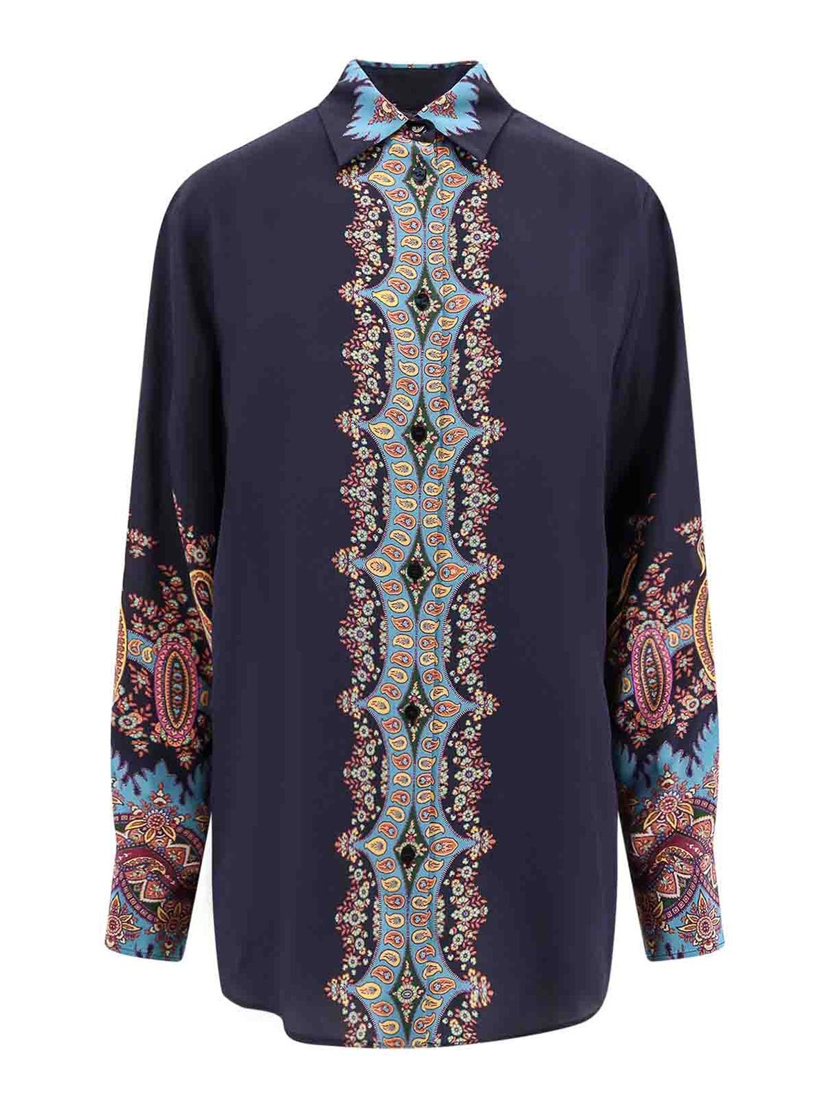 Etro Paisley Print Crepe De Chine Long-sleeved Shirt In Blue