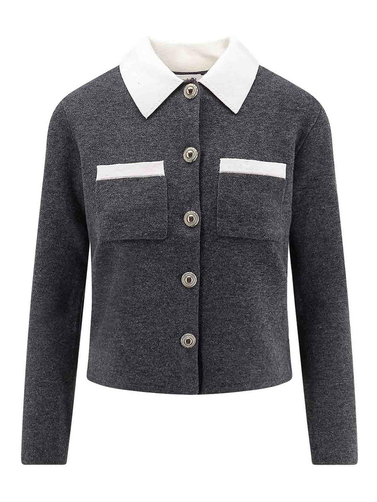 Self-portrait Cardigan In Wool With Contrasting Collar In Gray
