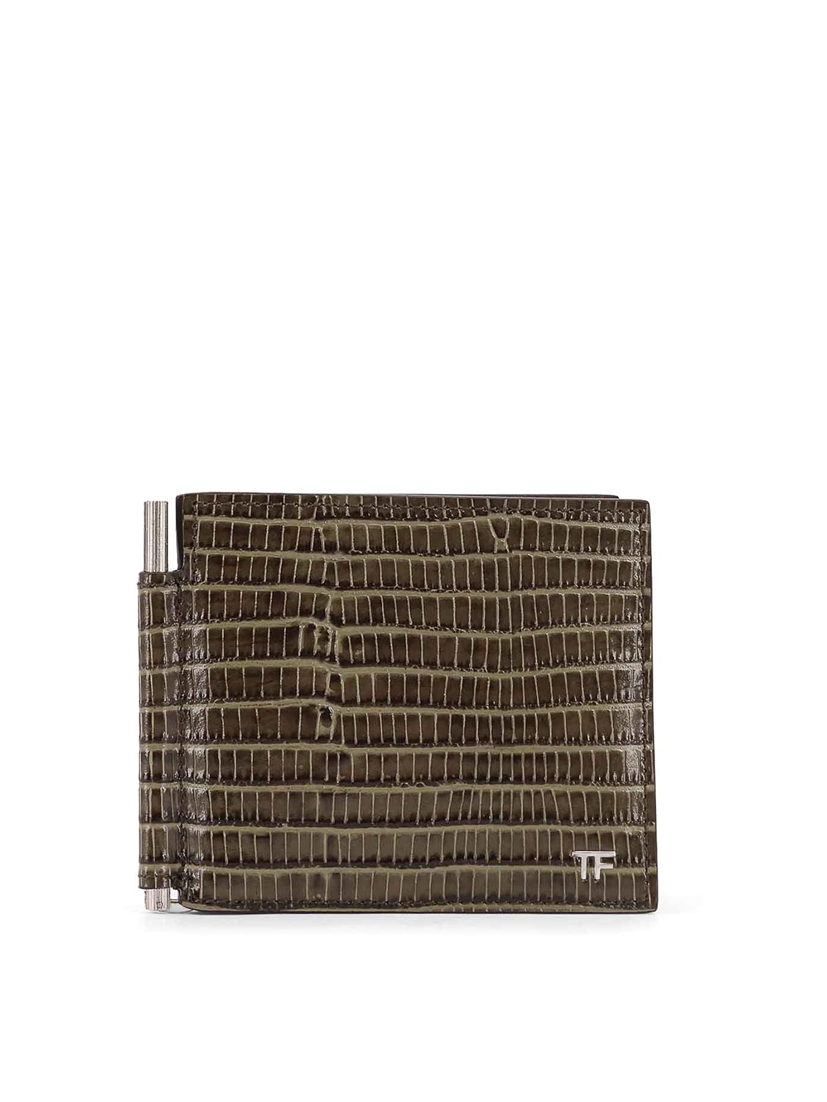 Tom Ford Men Leather Wallet With Croco Effect In Brown