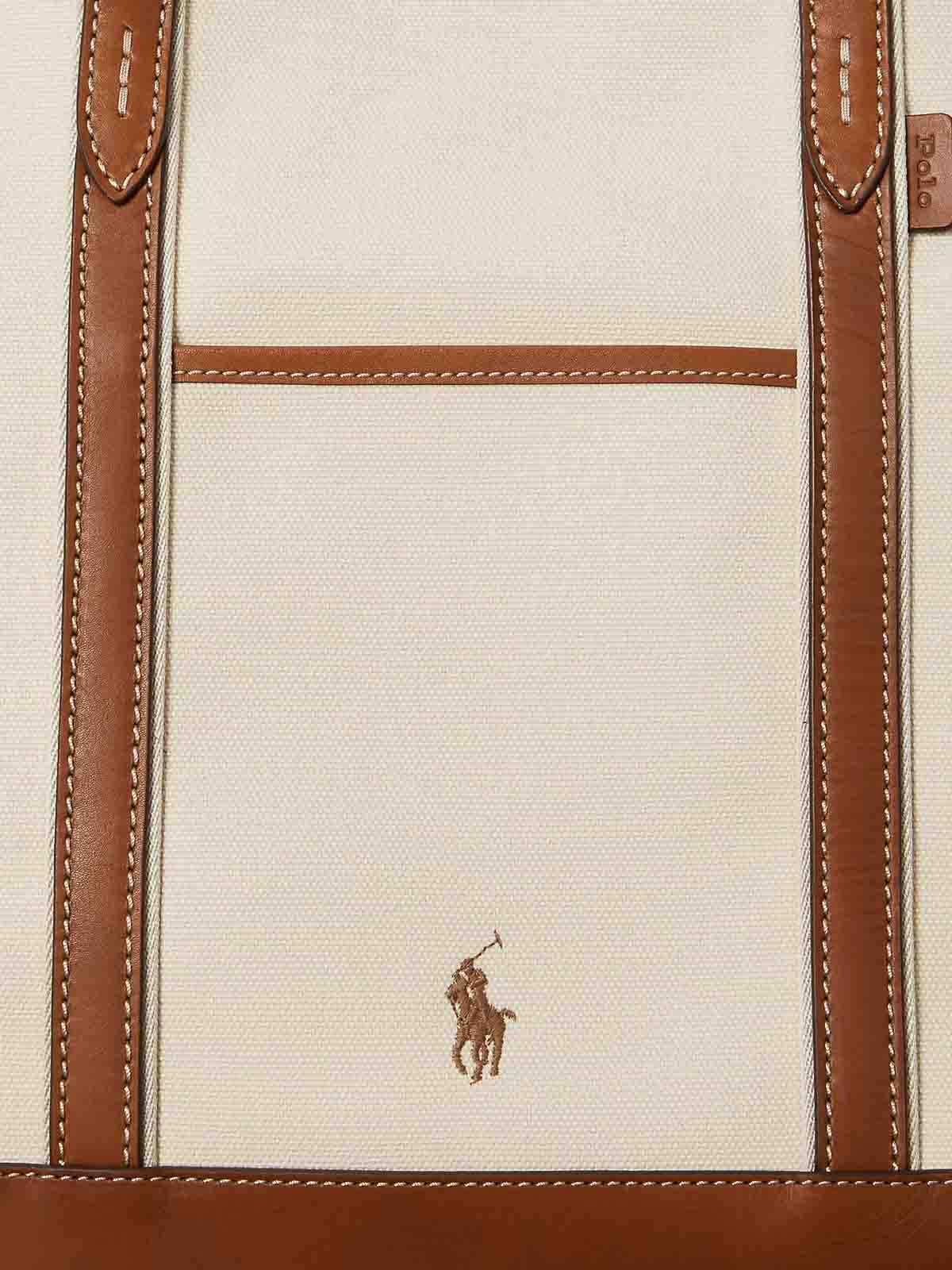 Polo Ralph Lauren Shoulder Bag In Canvas With Leather Profiles In Brown
