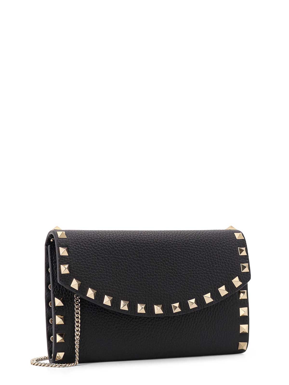 Valentino Rockstud Mini Grainy Leather Wallet On Chain In Black