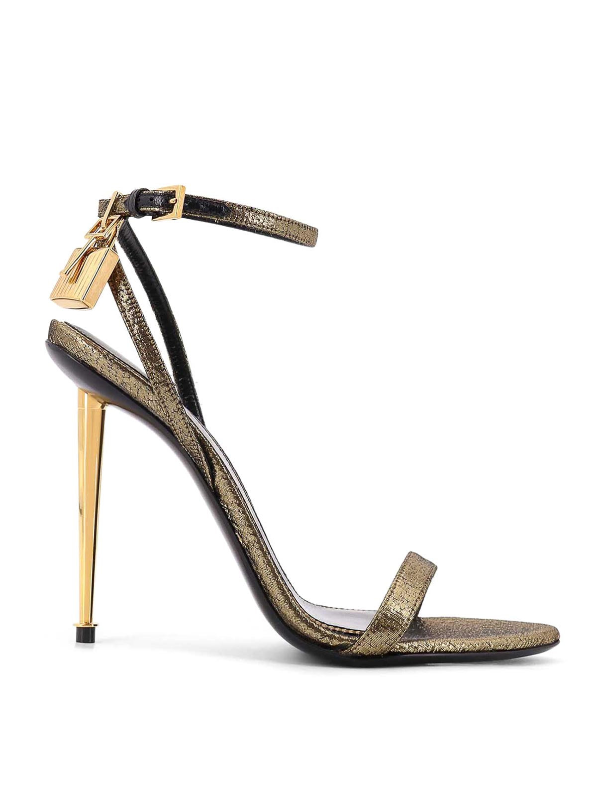Tom Ford Lock Logoed Laminated Leather Stiletto Sandals In Gold