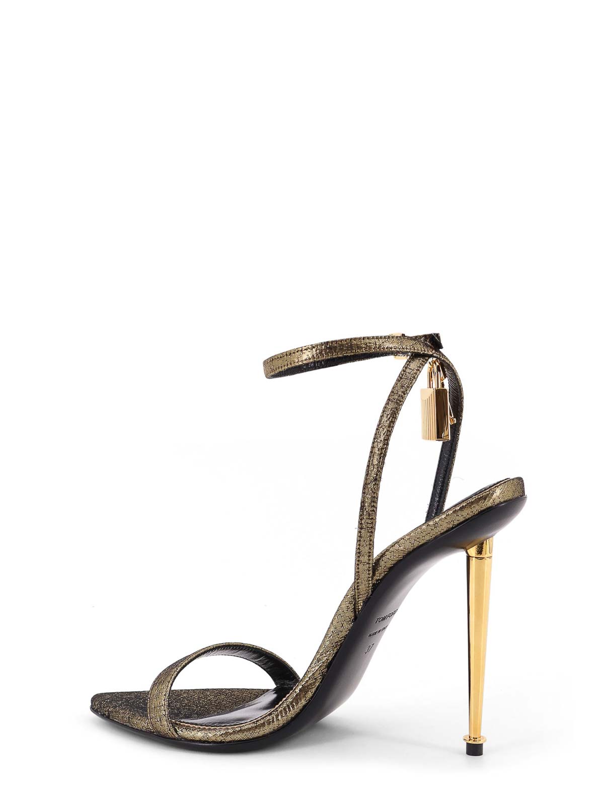 Tom Ford Lock Logoed Laminated Leather Stiletto Sandals In Gold