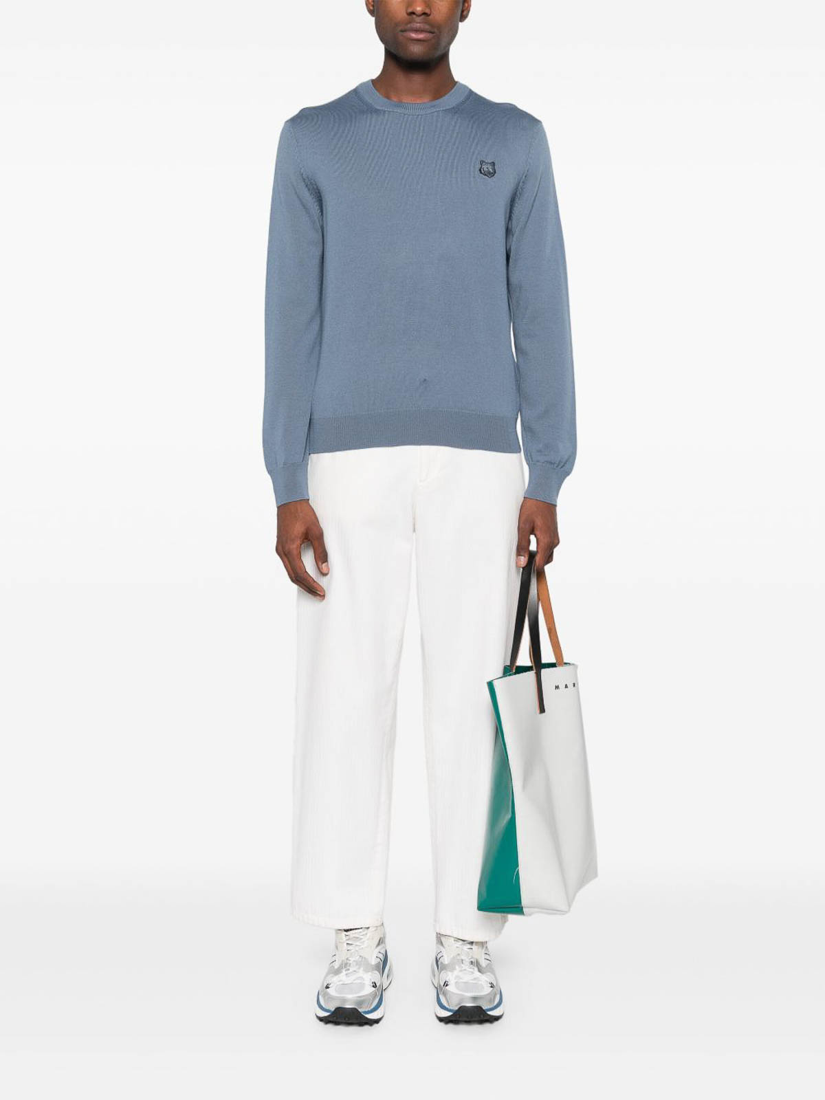 Maison Kitsuné Fox Head Crew Neck Wool Jumper In Blue