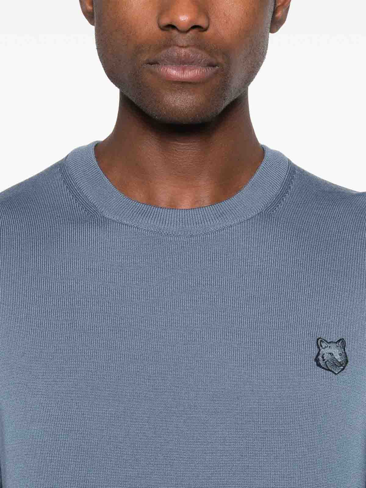 Maison Kitsuné Fox Head Crew Neck Wool Jumper In Blue