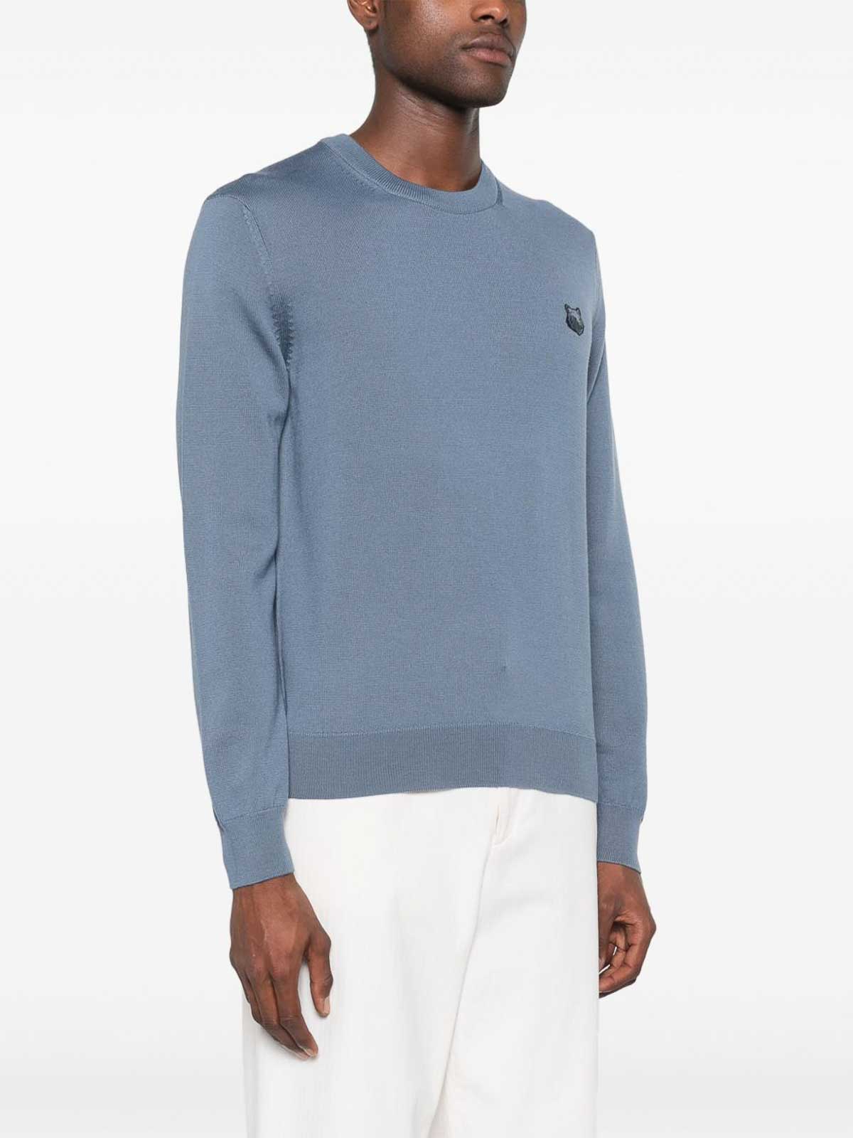 Maison Kitsuné Fox Head Crew Neck Wool Jumper In Blue