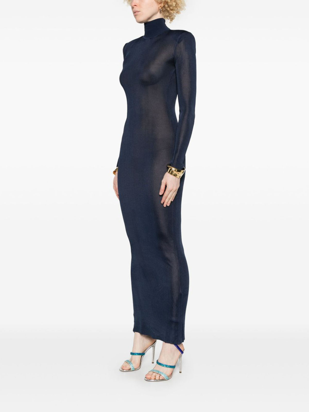 Self-portrait Floor-length Dress With Mock Neck In Blue