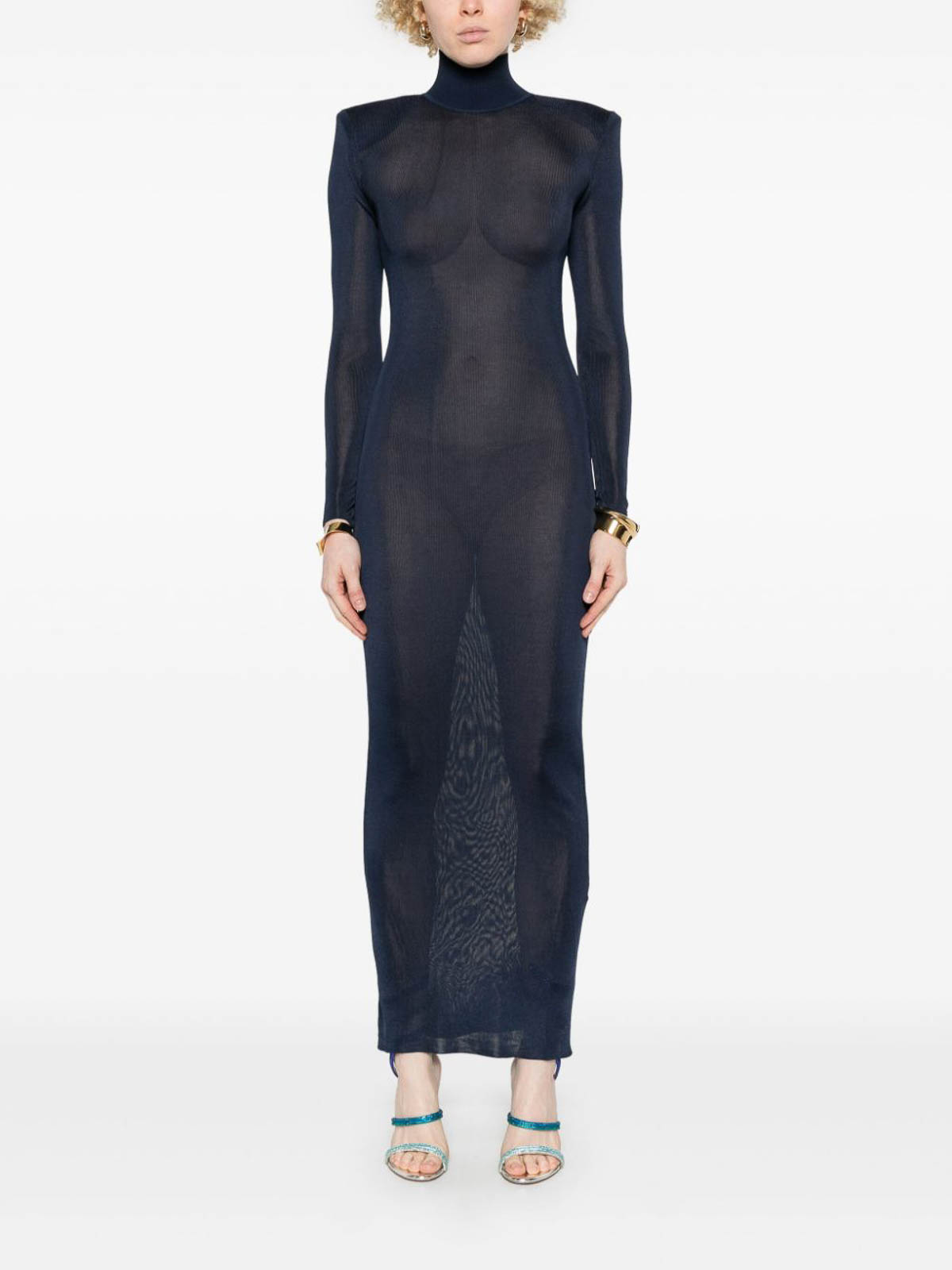 Self-portrait Floor-length Dress With Mock Neck In Blue