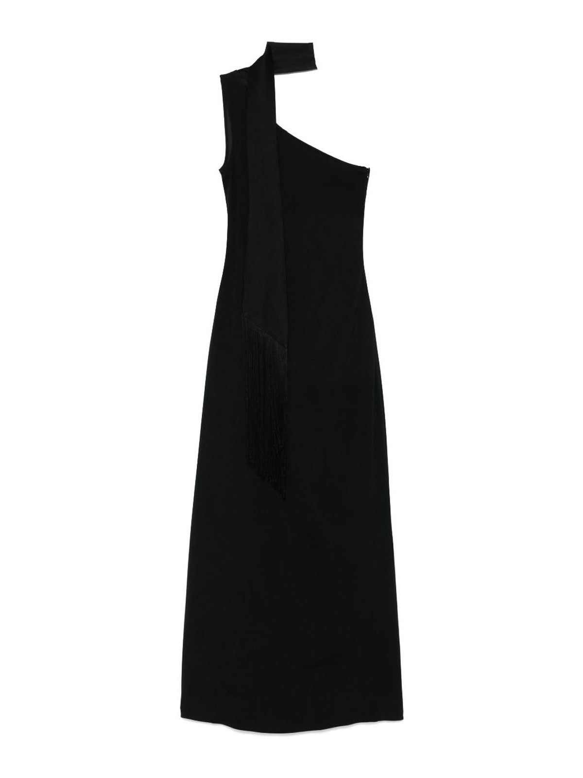Taller Marmo Fringe Detail One-shoulder Maxi Dress In Black