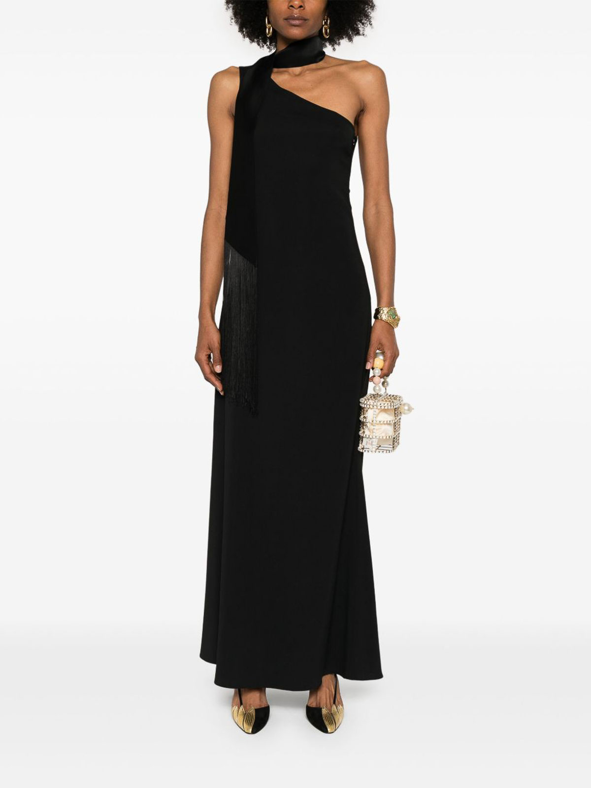 Taller Marmo Fringe Detail One-shoulder Maxi Dress In Black
