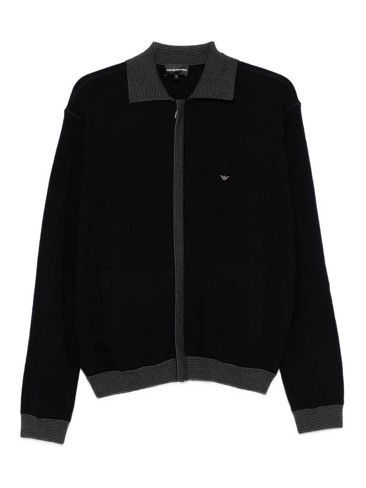 Emporio Armani Blue Ribbed-trimmed Zip-up Cardigan In Black