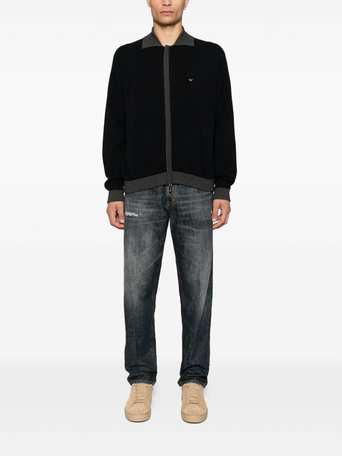 Emporio Armani Blue Ribbed-trimmed Zip-up Cardigan In Black