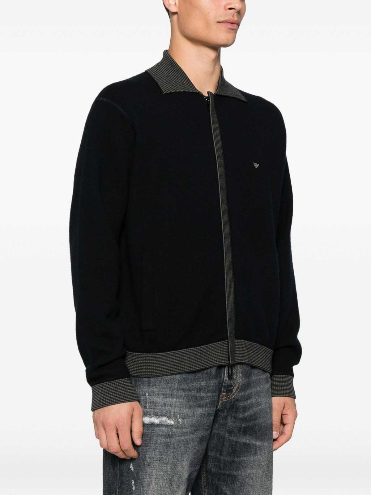 Emporio Armani Blue Ribbed-trimmed Zip-up Cardigan In Black