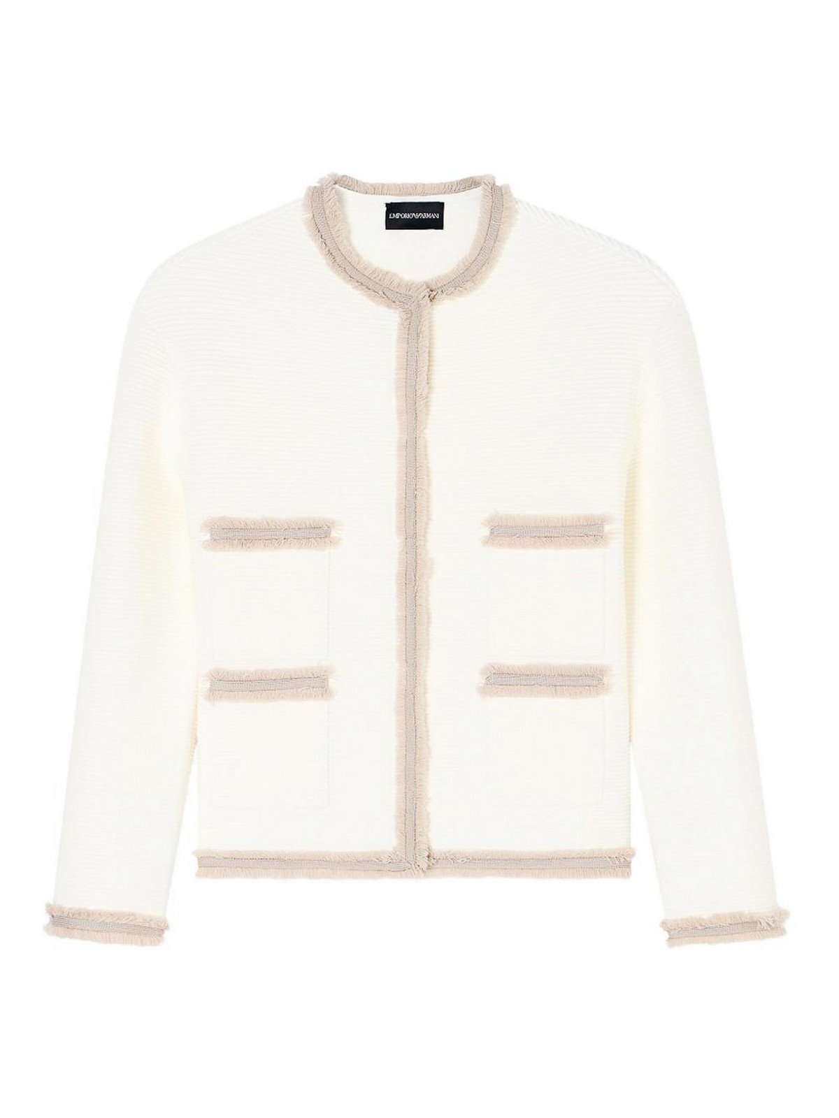 Emporio Armani Ottoman Stitch Knit Jacket With Fringe Hems In Neutral