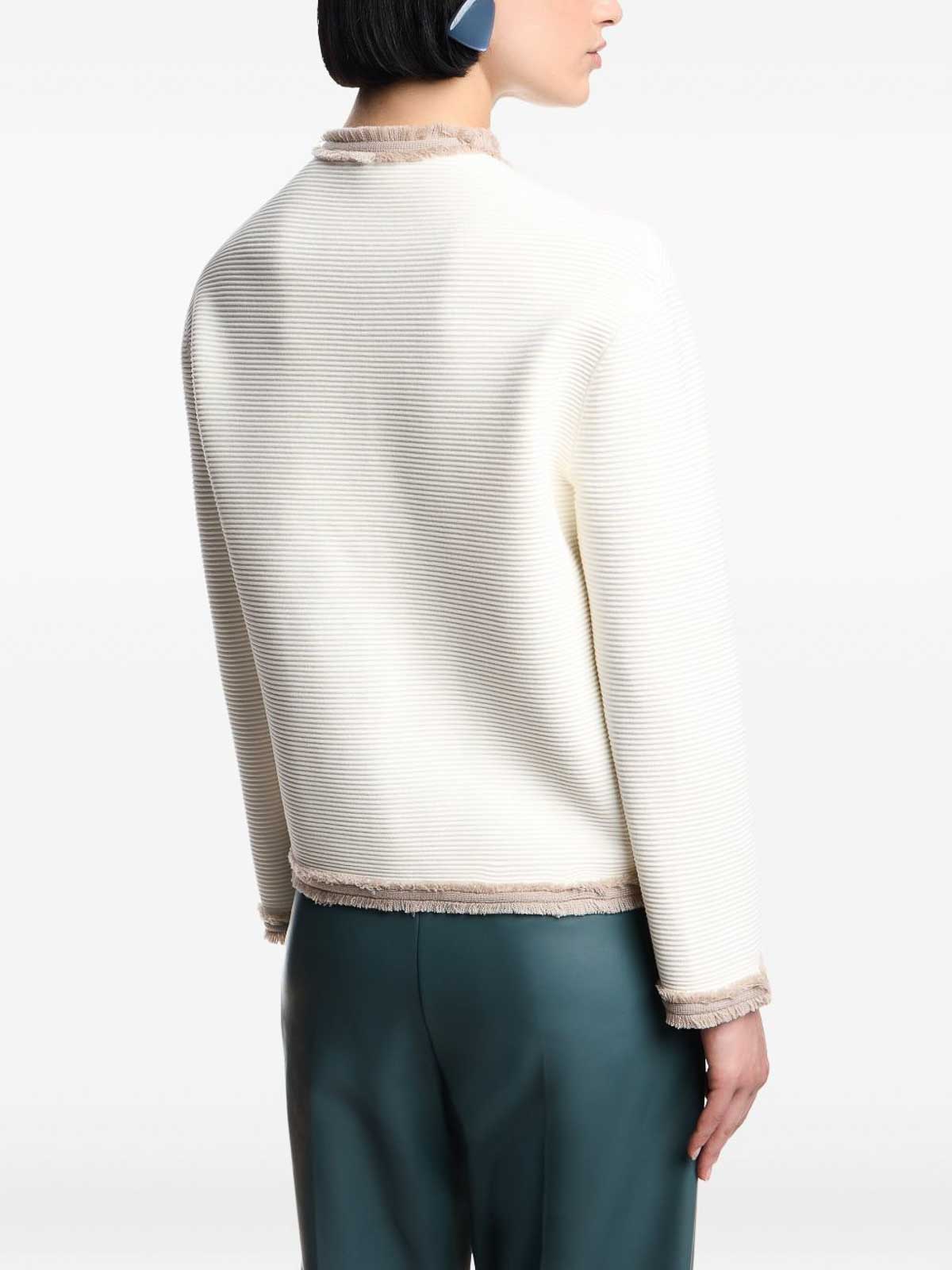Emporio Armani Ottoman Stitch Knit Jacket With Fringe Hems In Neutral