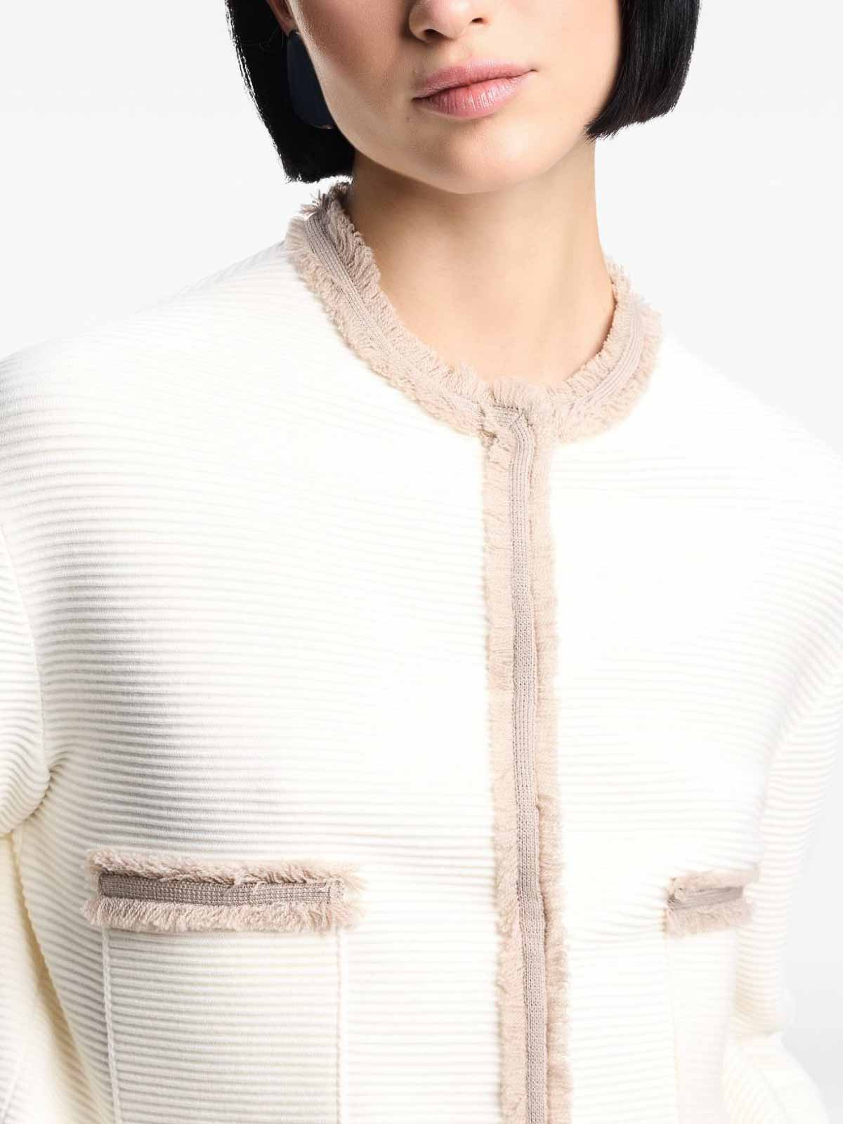 Emporio Armani Ottoman Stitch Knit Jacket With Fringe Hems In Neutral