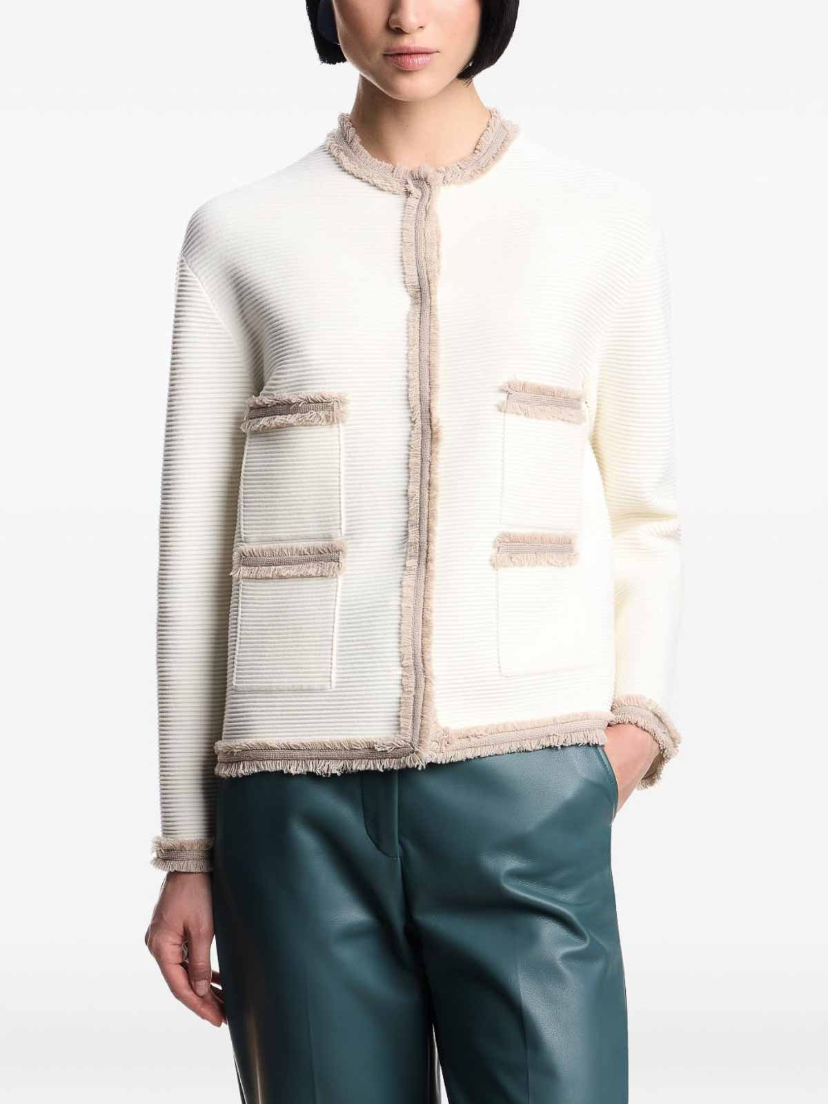 Emporio Armani Ottoman Stitch Knit Jacket With Fringe Hems In Neutral