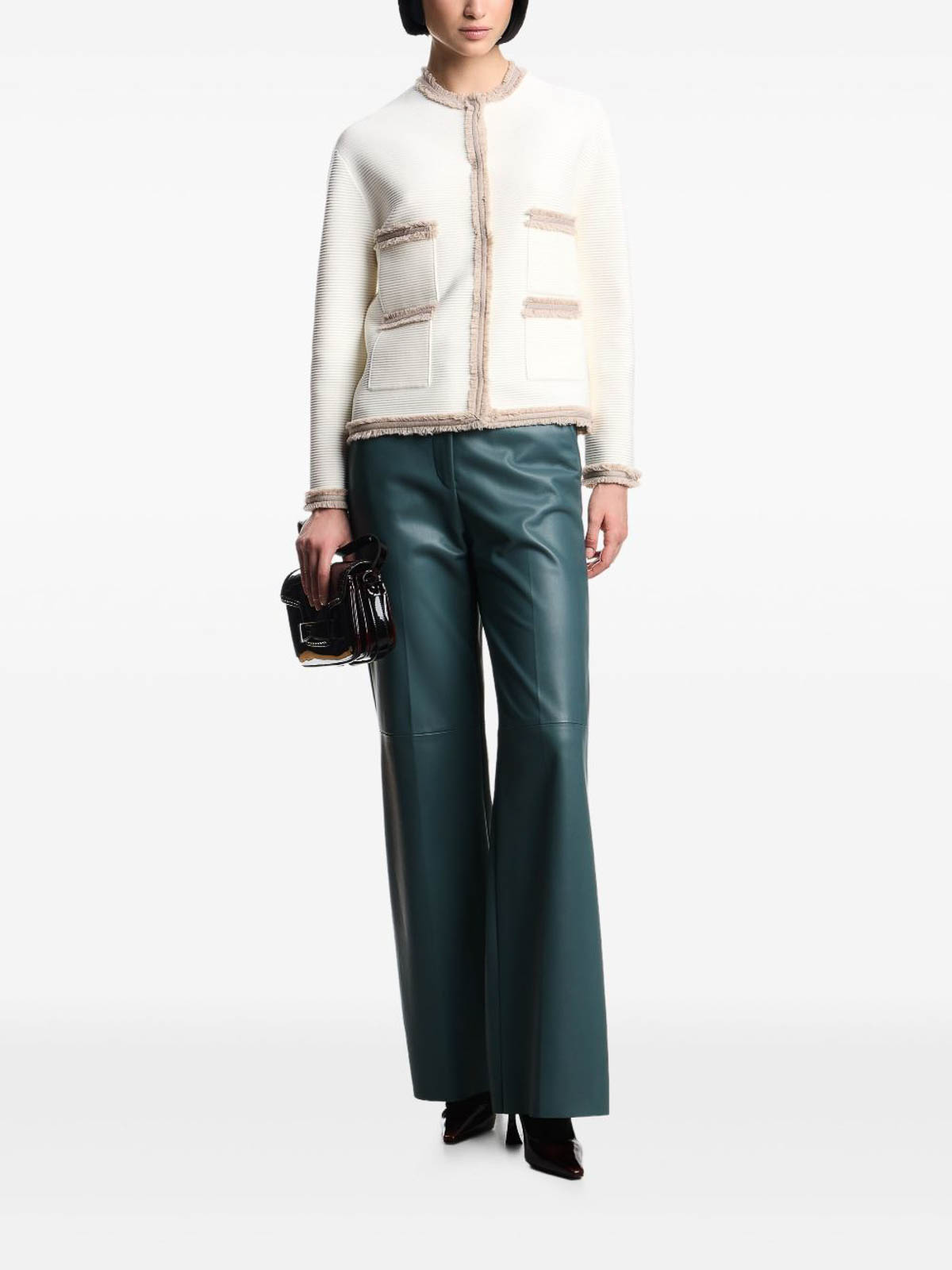 Emporio Armani Ottoman Stitch Knit Jacket With Fringe Hems In Neutral