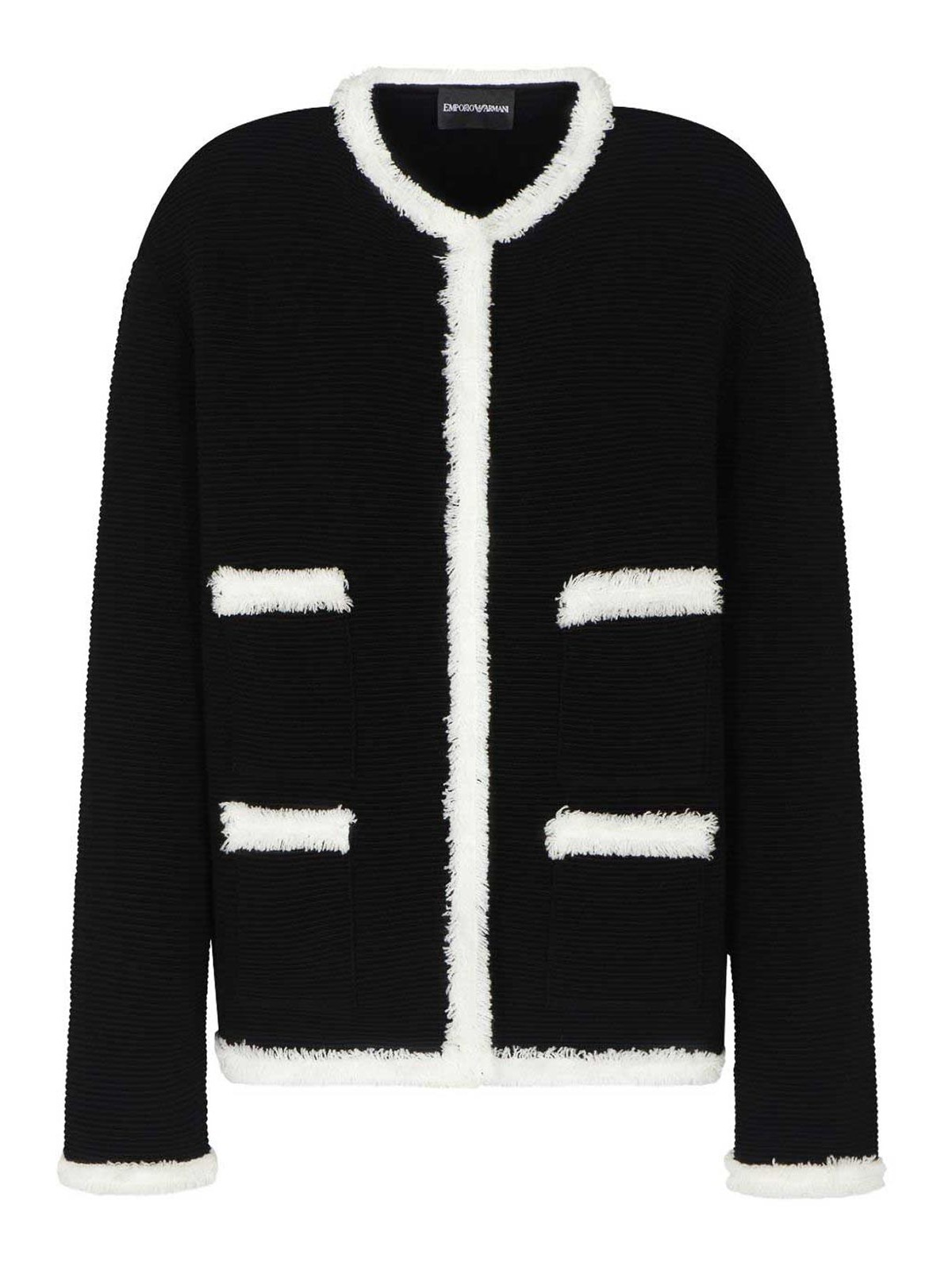 Emporio Armani Ottoman Stitch Knit Jacket With Fringe Hems In Black
