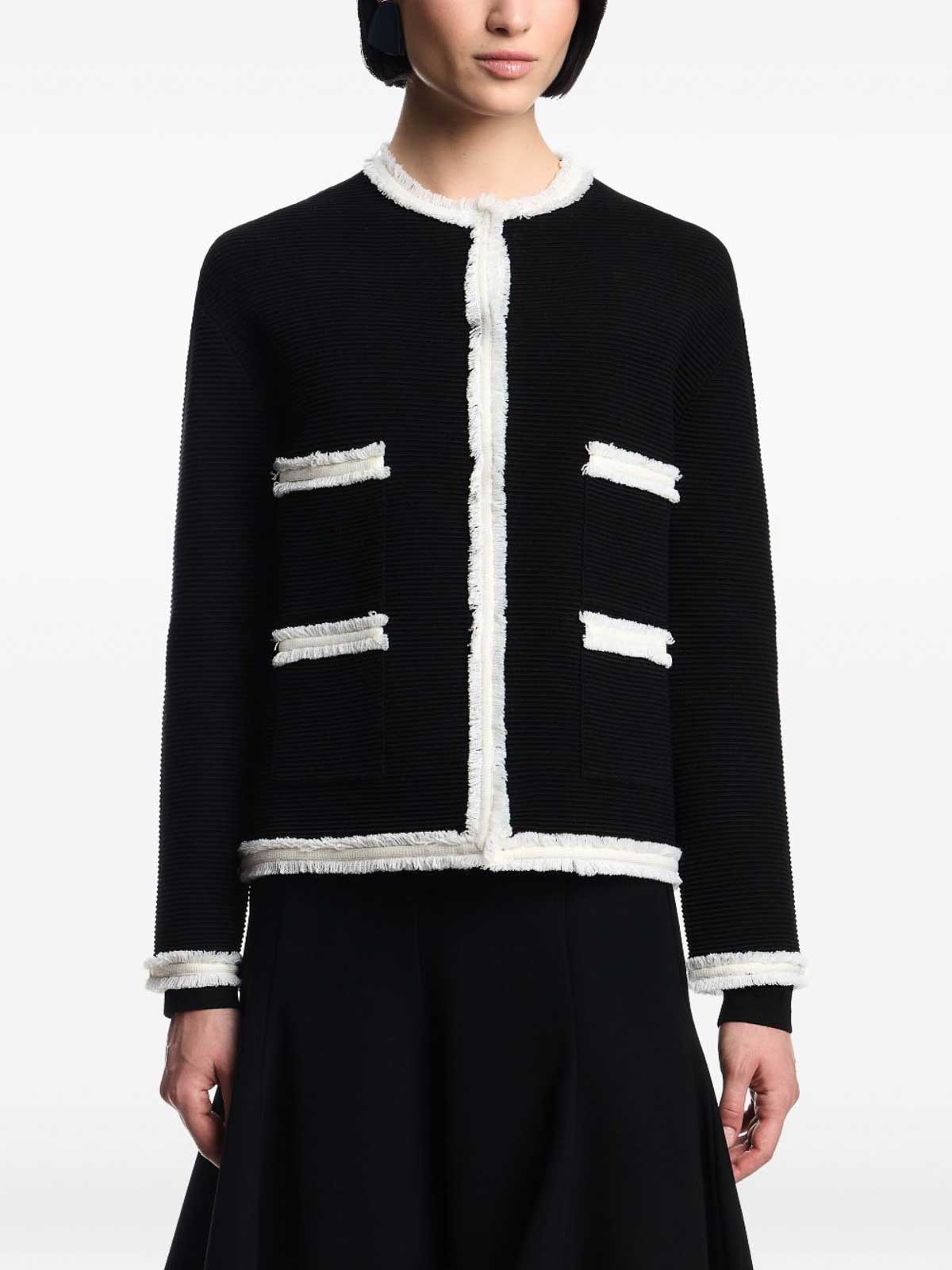 Emporio Armani Ottoman Stitch Knit Jacket With Fringe Hems In Black