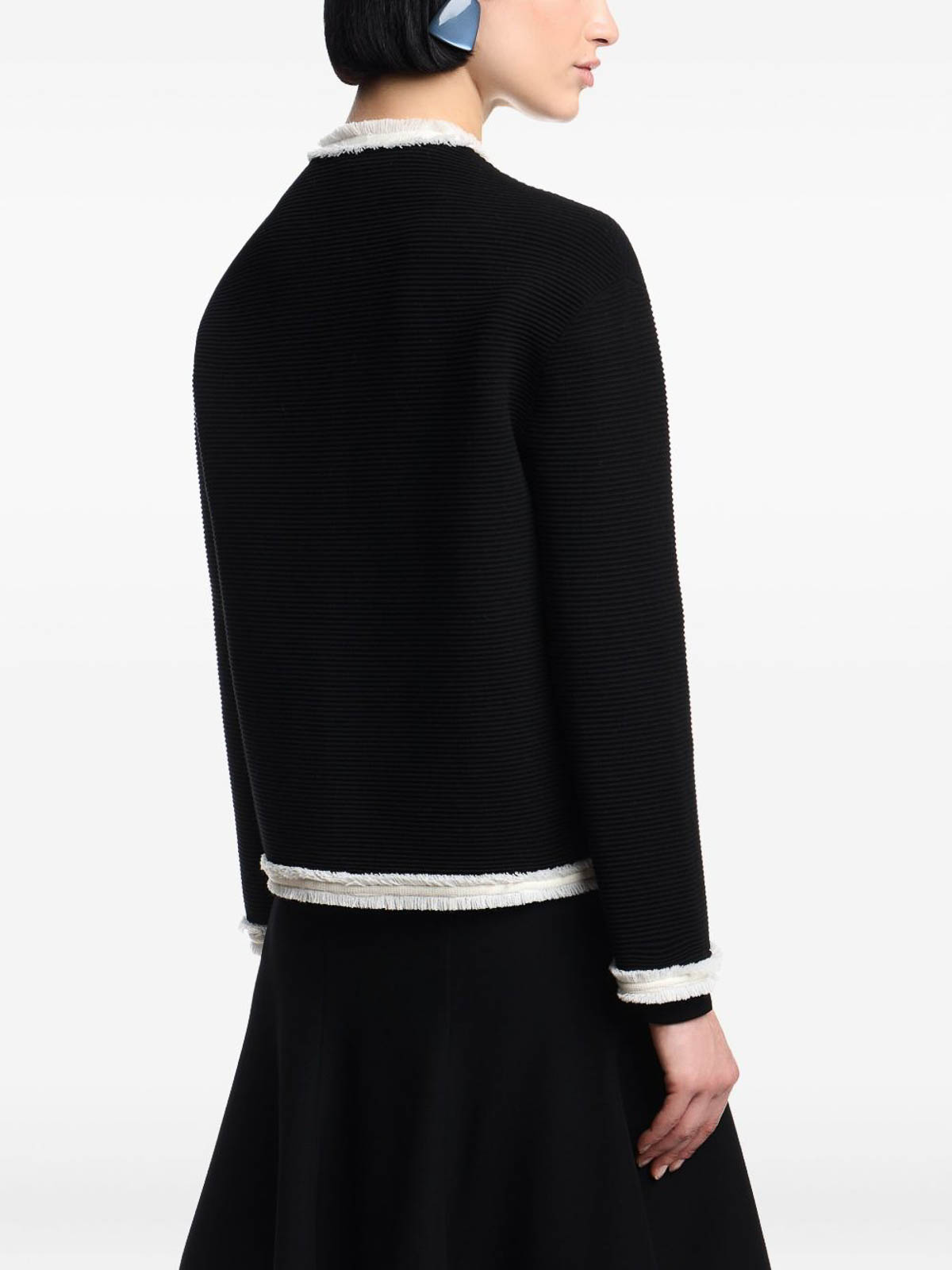 Emporio Armani Ottoman Stitch Knit Jacket With Fringe Hems In Black