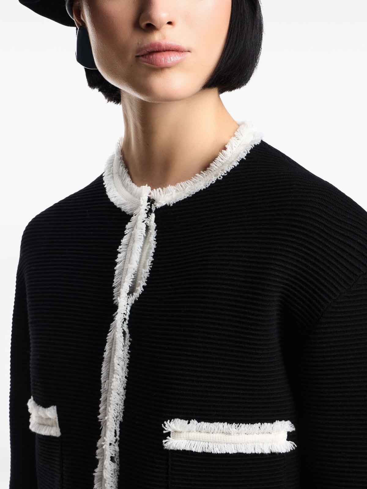 Emporio Armani Ottoman Stitch Knit Jacket With Fringe Hems In Black