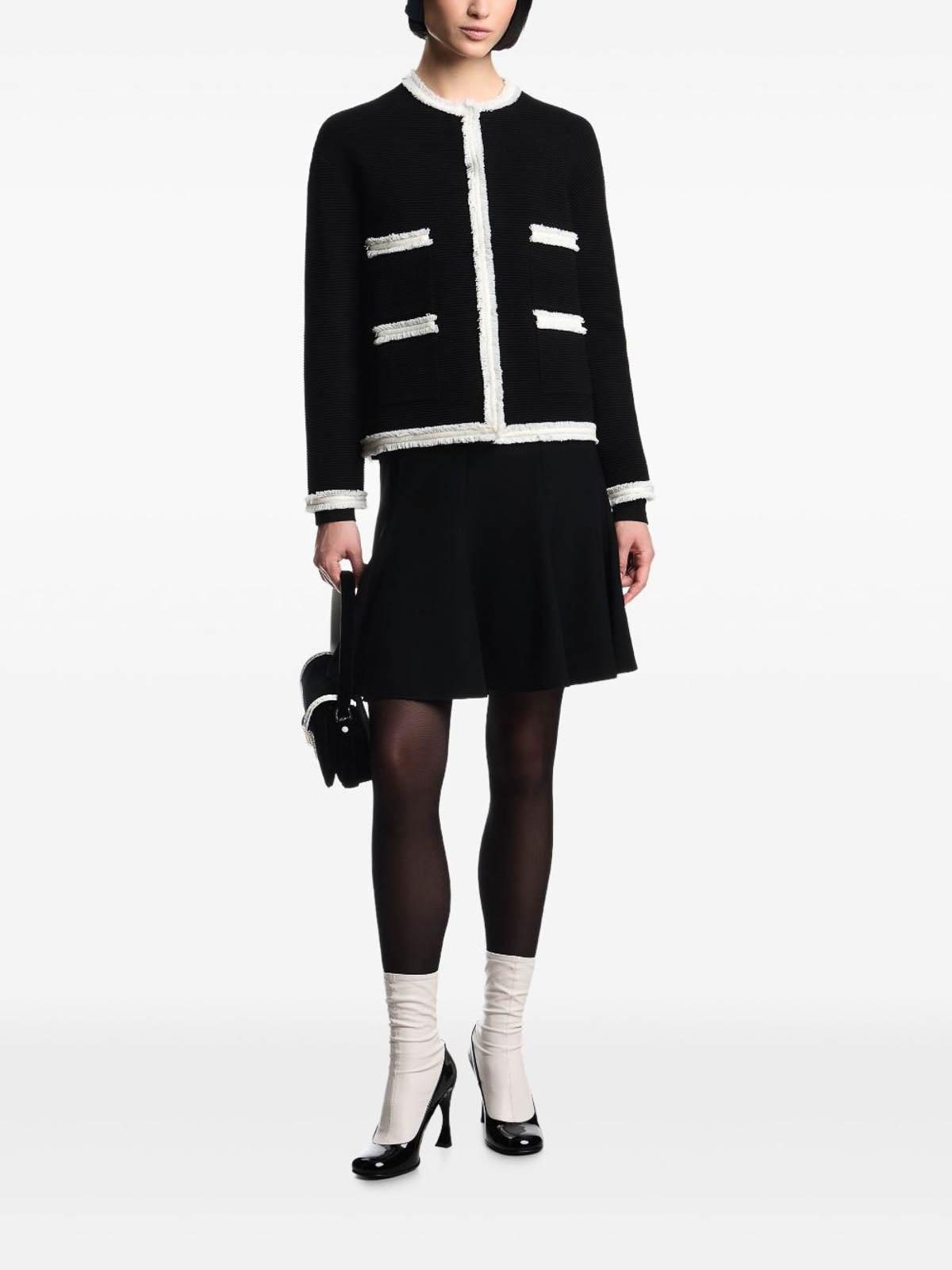 Emporio Armani Ottoman Stitch Knit Jacket With Fringe Hems In Black