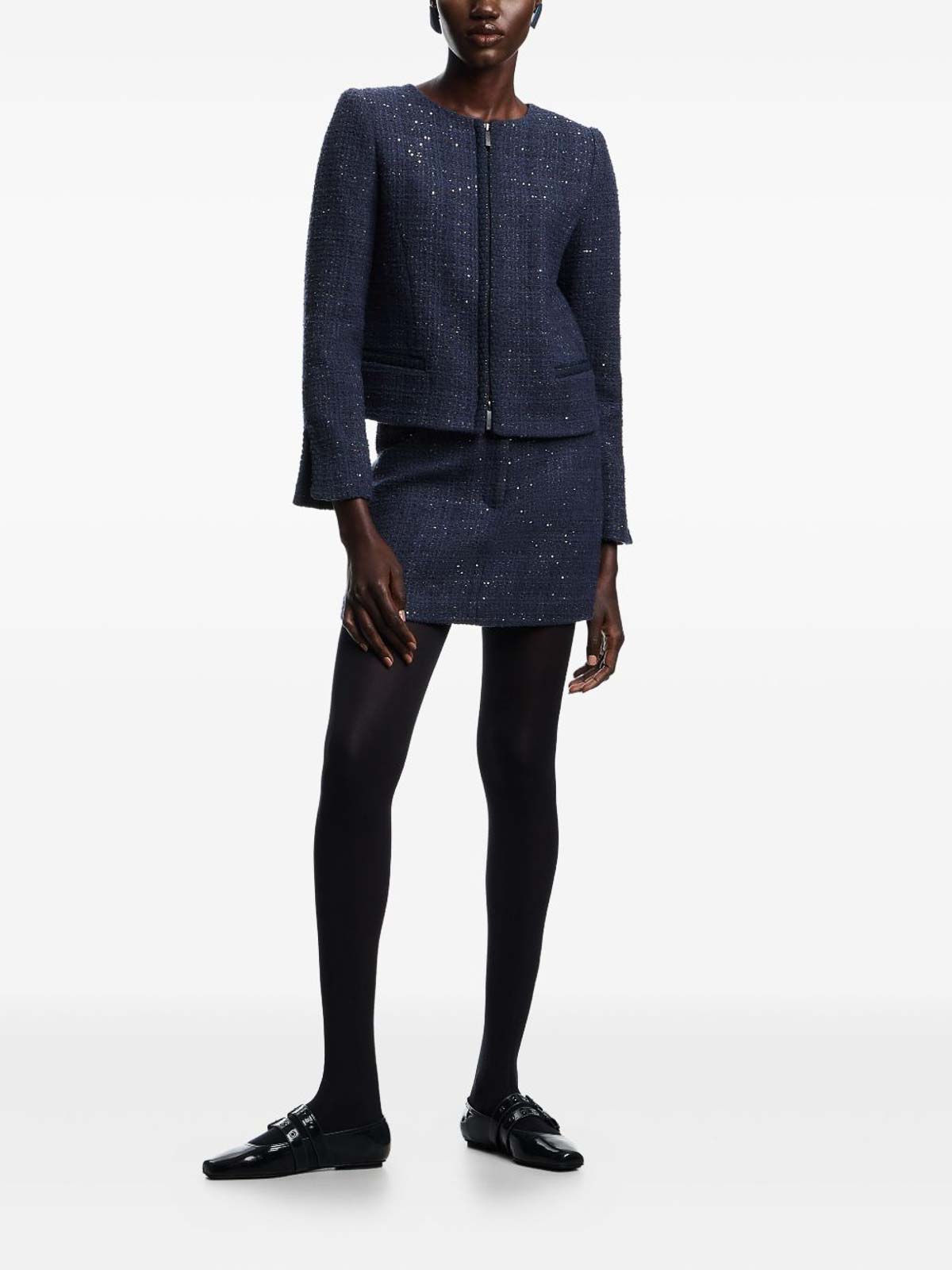 Emporio Armani Lurex Tweed Mini Skirt With Micro Sequins In Blue