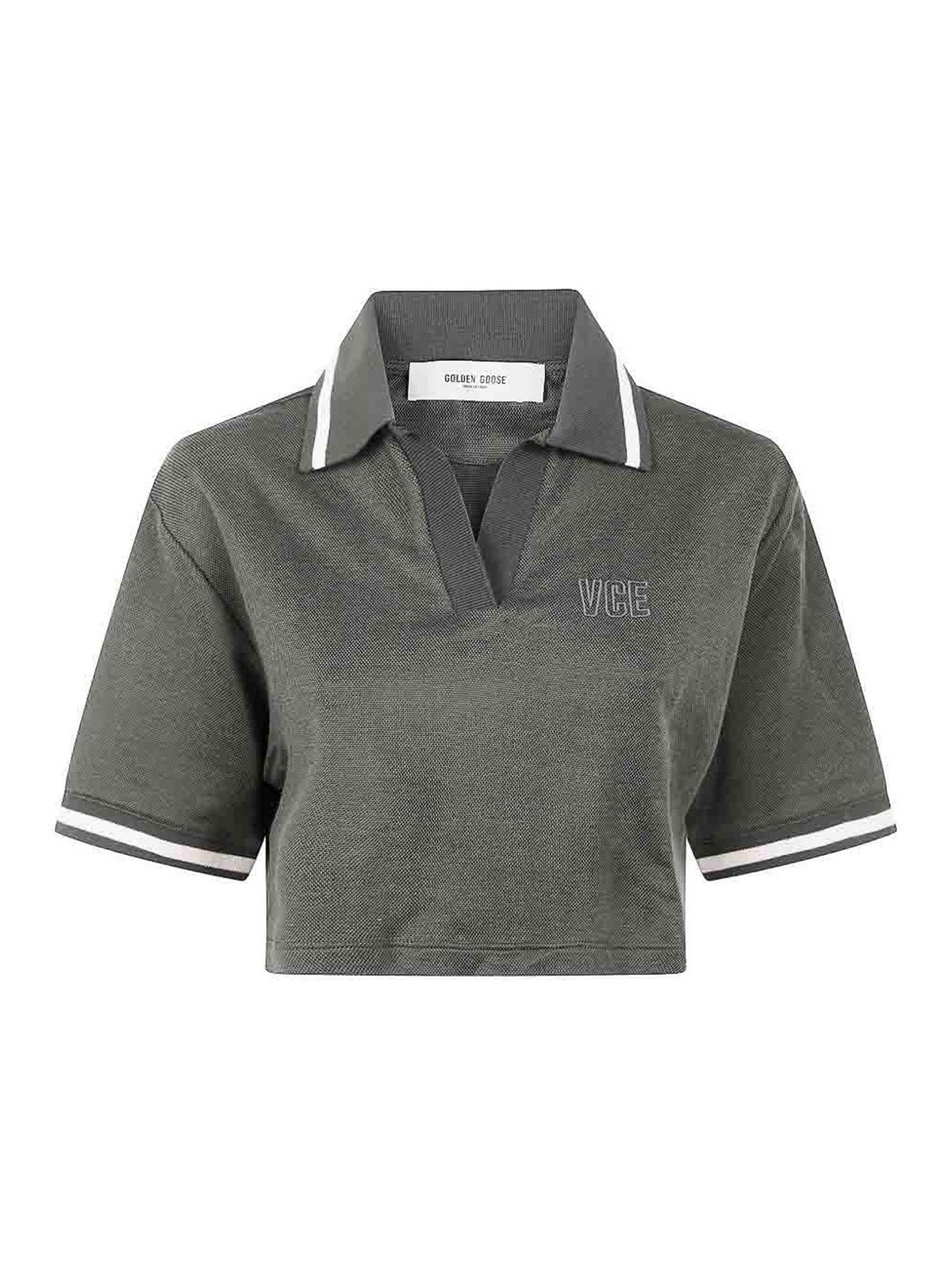 Golden Goose "journey W`s" Medium Crop Polo Fluid Jersey Knitted Rib Micro Piquet Tonal Embroidery C In Gray