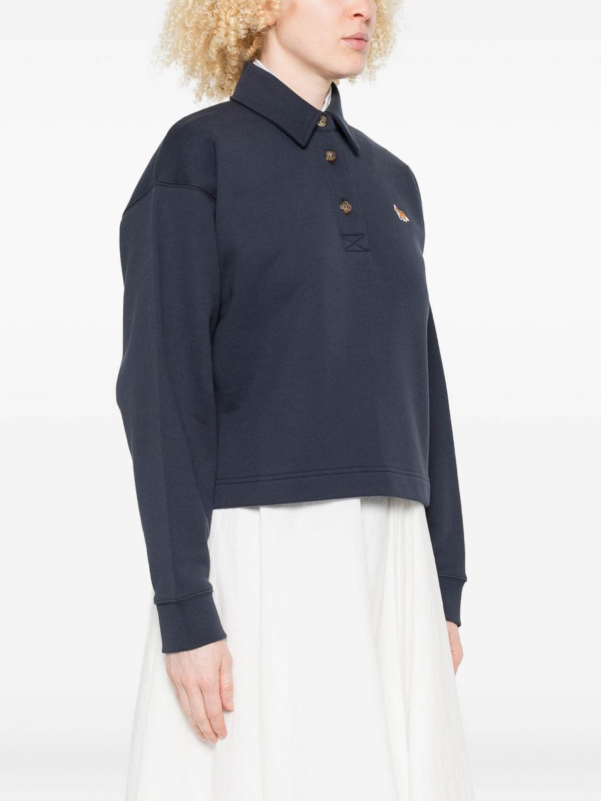 Maison Kitsuné Navy Polo-style Sweatshirt With Logo Patch In Blue