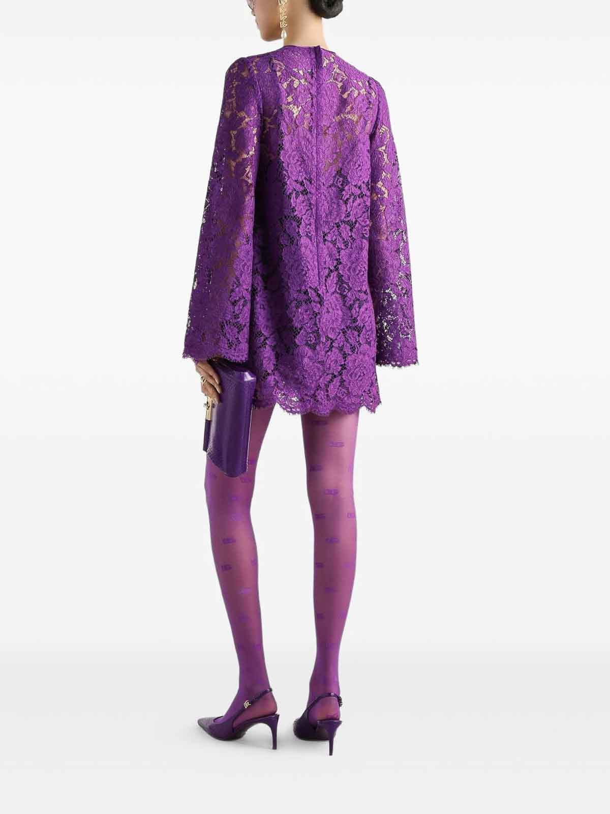 Dolce & Gabbana Bell Sleeves Mini Lace Dress In Purple
