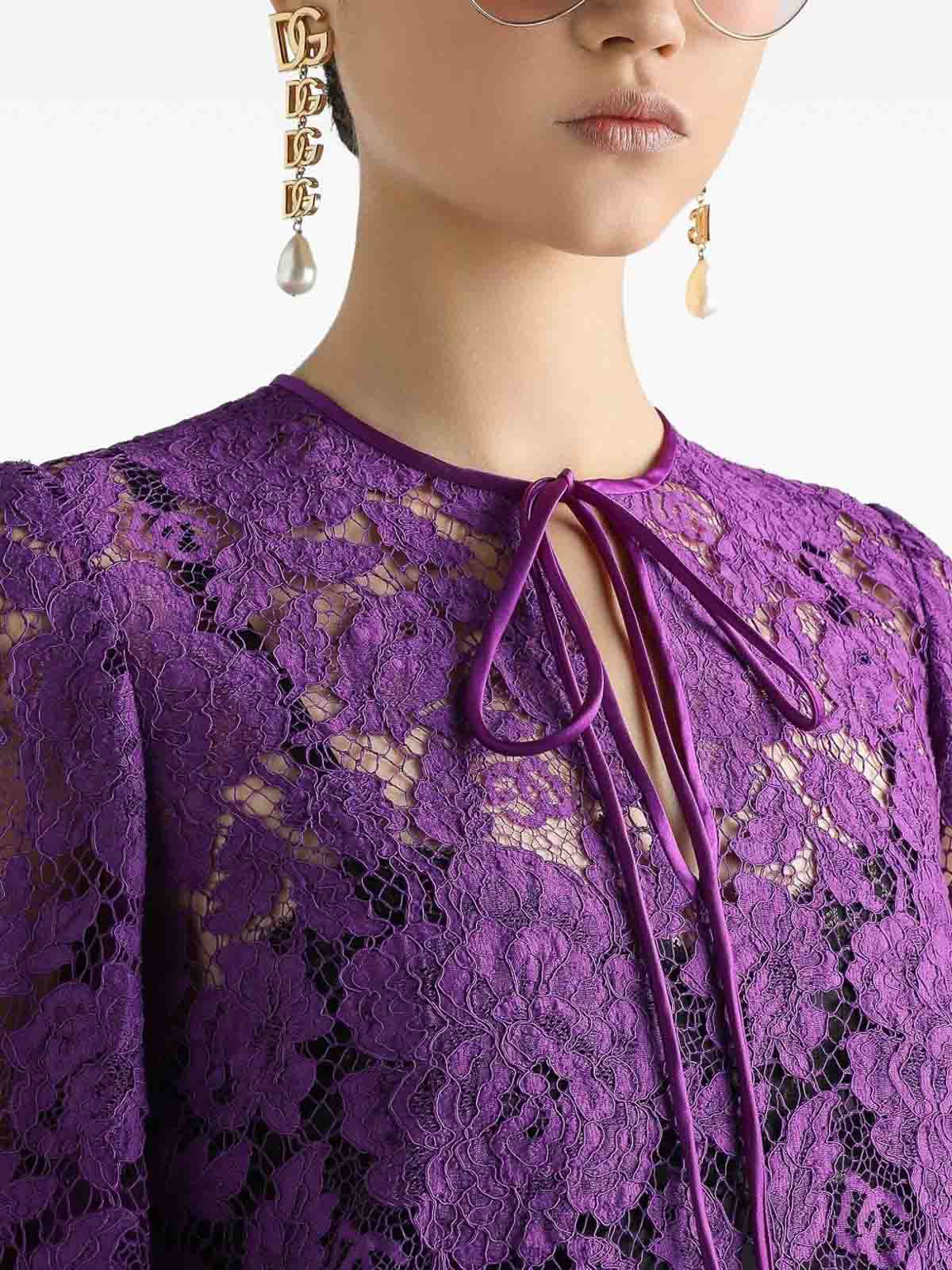 Dolce & Gabbana Bell Sleeves Mini Lace Dress In Purple