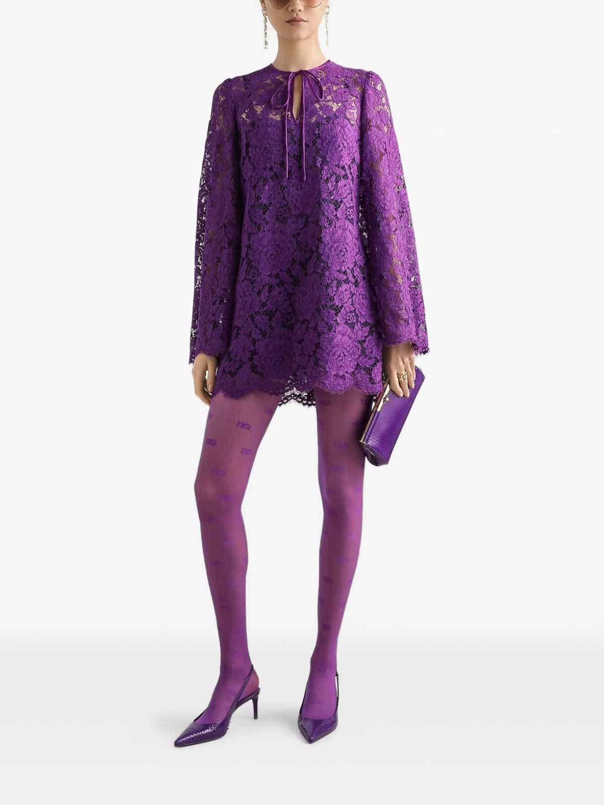 Dolce & Gabbana Bell Sleeves Mini Lace Dress In Purple