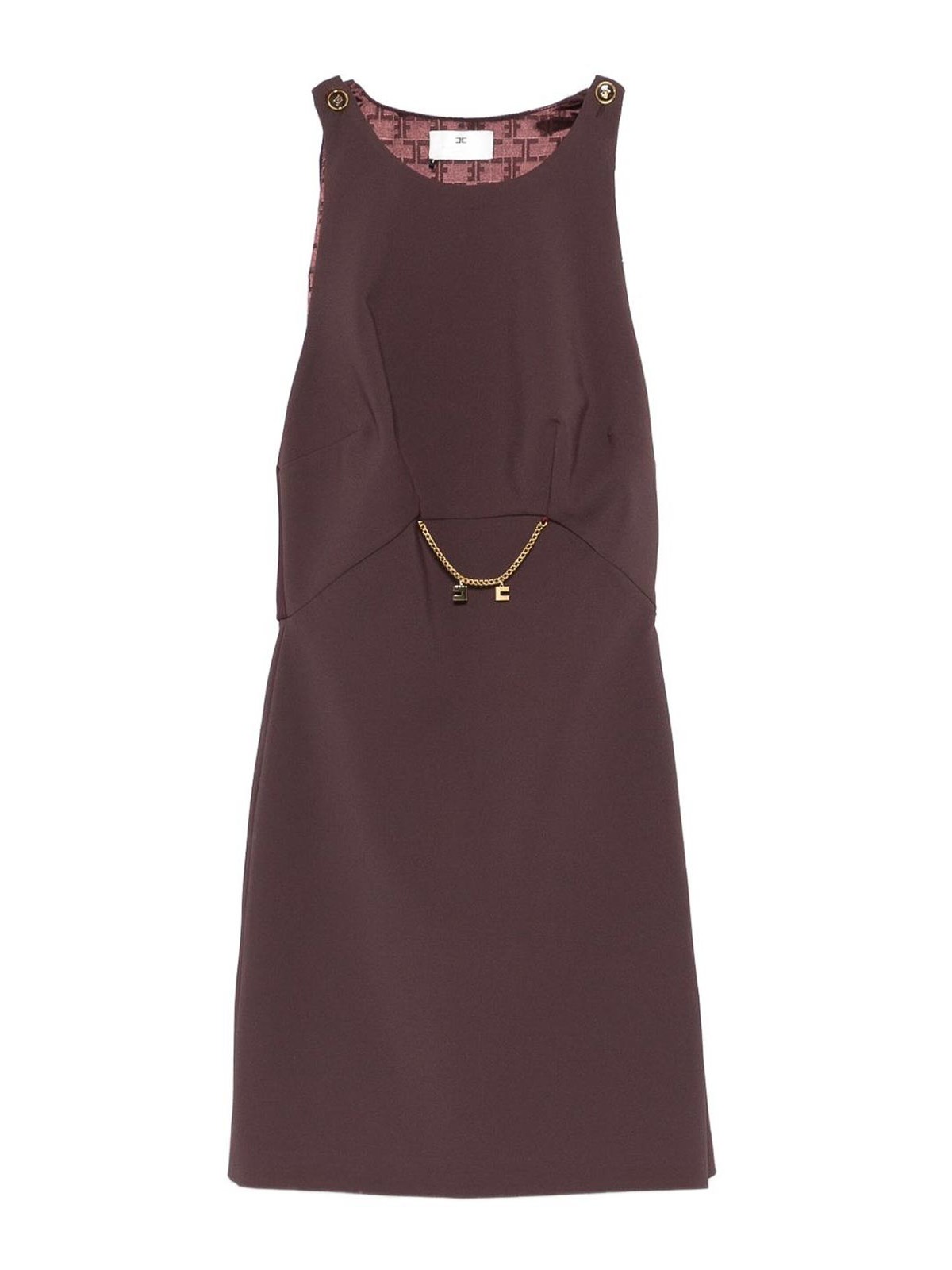 Elisabetta Franchi Bordeaux Sleeveless Dress With Chain Decoration On The Front In Fabric Woman In Brown