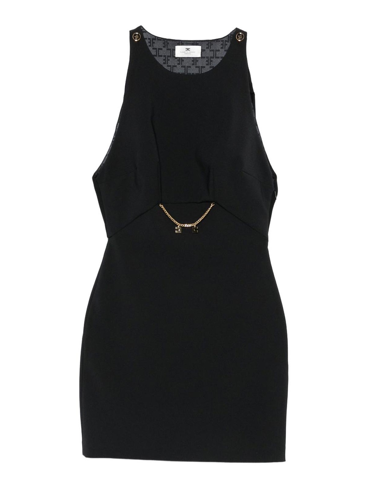 Elisabetta Franchi Sleeveless Round Neck Mini Fitted Chain Dress In Black