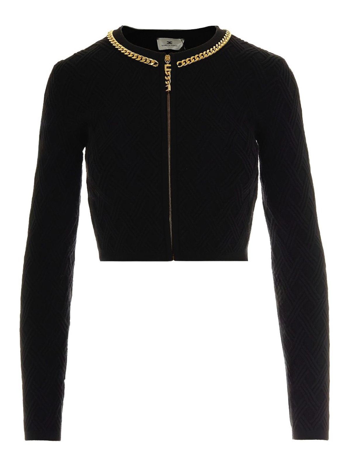 Elisabetta Franchi Cardigan In Maglia A Rombi Con Dettaglio Gioiello Nero In Black