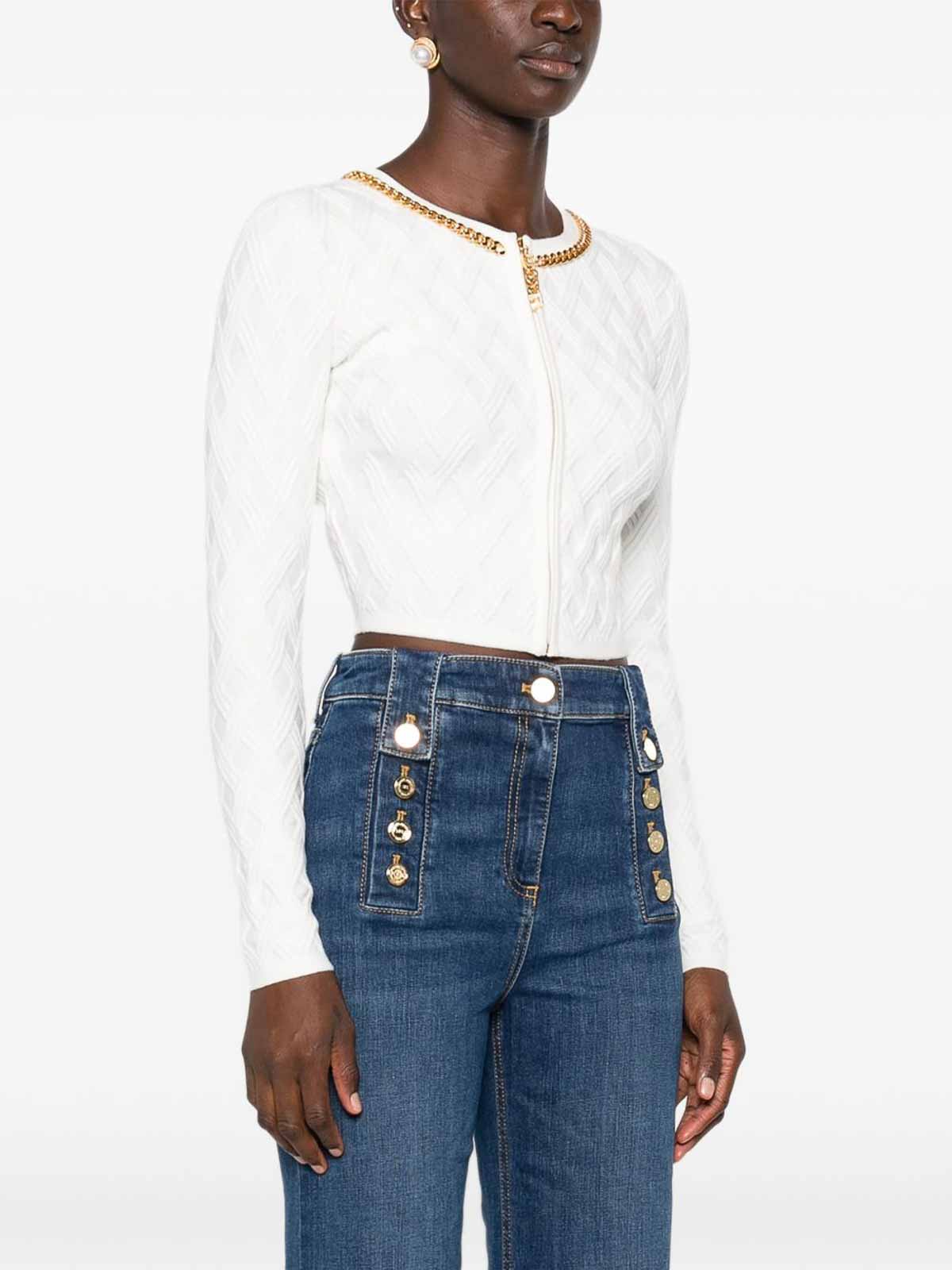 Elisabetta Franchi Chain-trim Diamond-pattern Cardigan In White