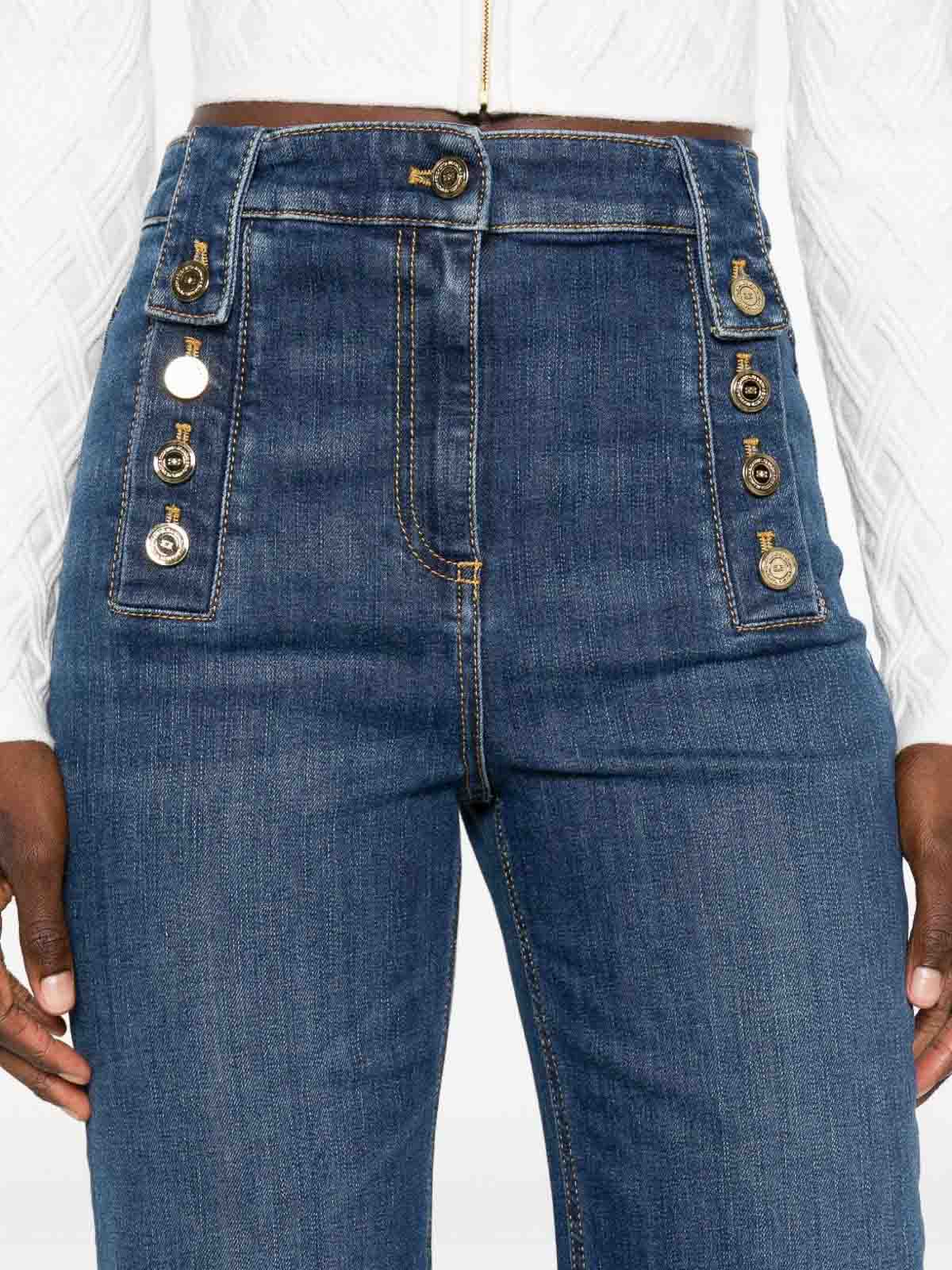 Elisabetta Franchi High-rise Wide-leg Denim Trousers With Back Pockets And Button Accents In Blue