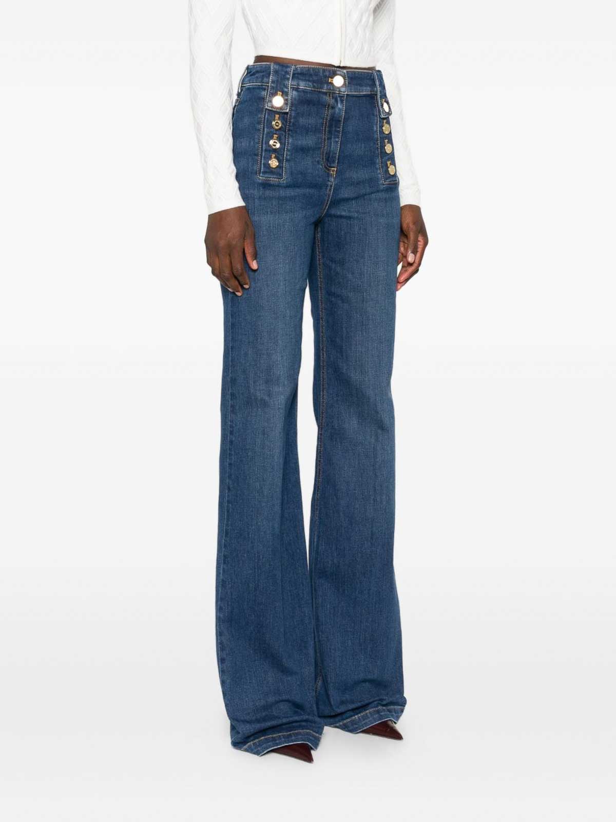 Elisabetta Franchi High-rise Wide-leg Denim Trousers With Back Pockets And Button Accents In Blue