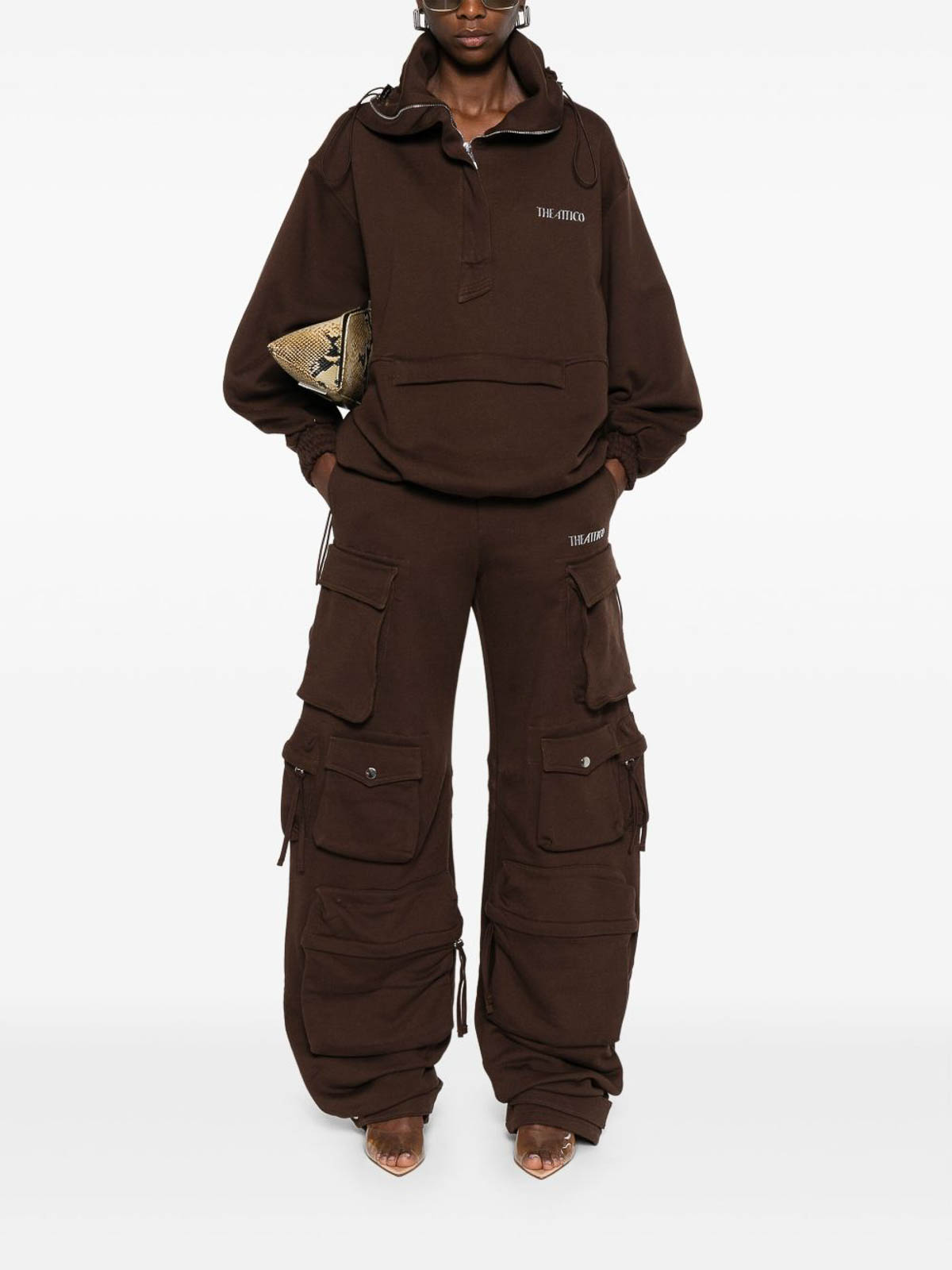 Attico Brown Cargo Pants With Elastic Drawstring Waist And Logo Lettering On The Front In Cotton Woman In Brown