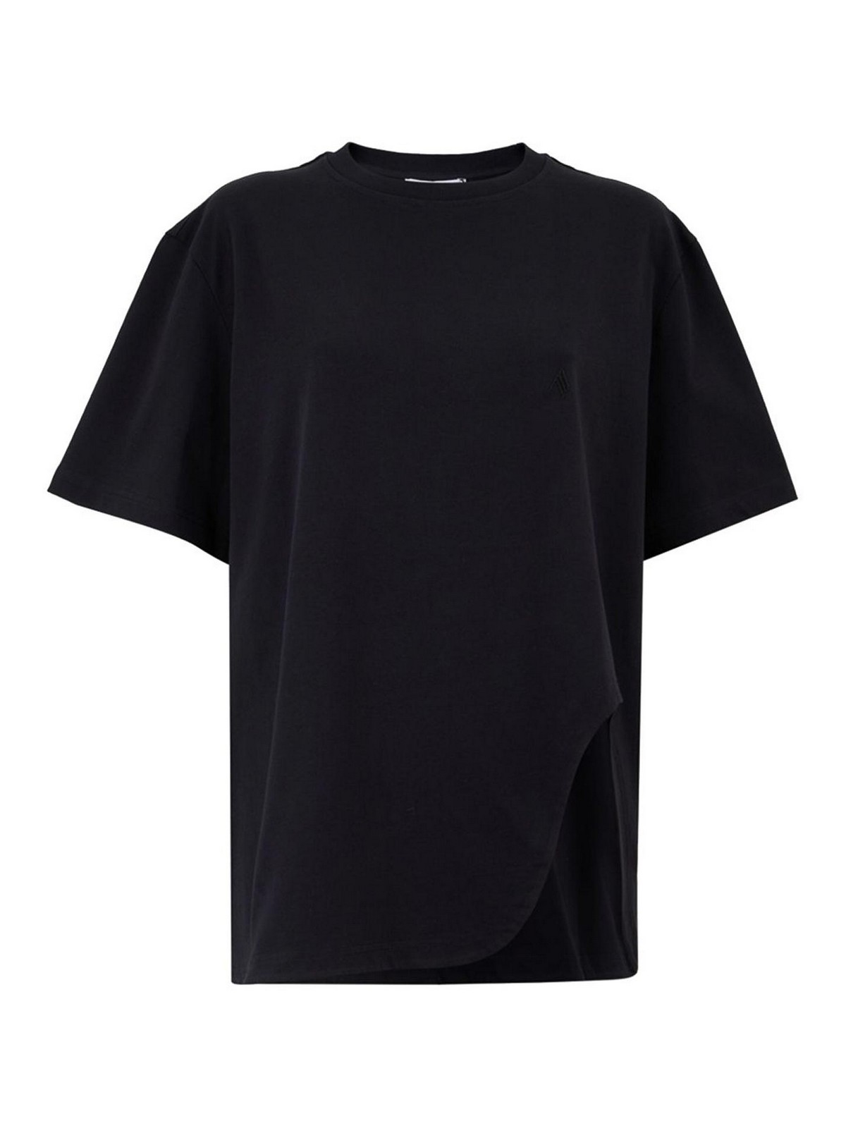 Attico The Black Cotton T-shirt With Front Embroidered Logo And Side Vent In Black