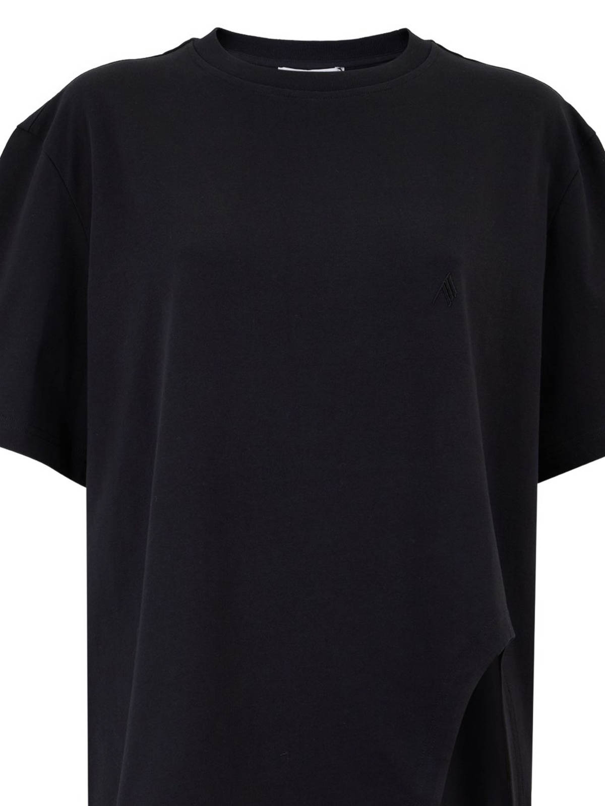 Attico The Black Cotton T-shirt With Front Embroidered Logo And Side Vent In Black