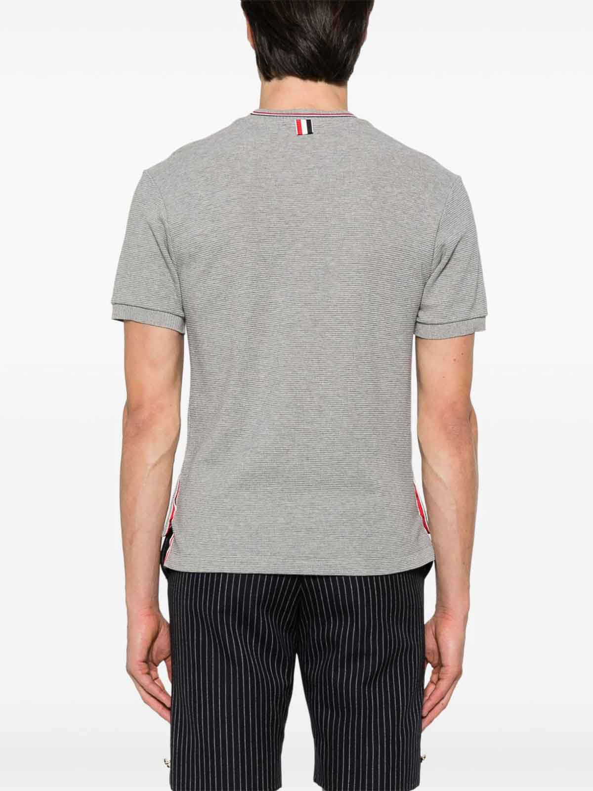 Thom Browne Cotton Crew Neck T-shirt With Stripe Detailing In Gray