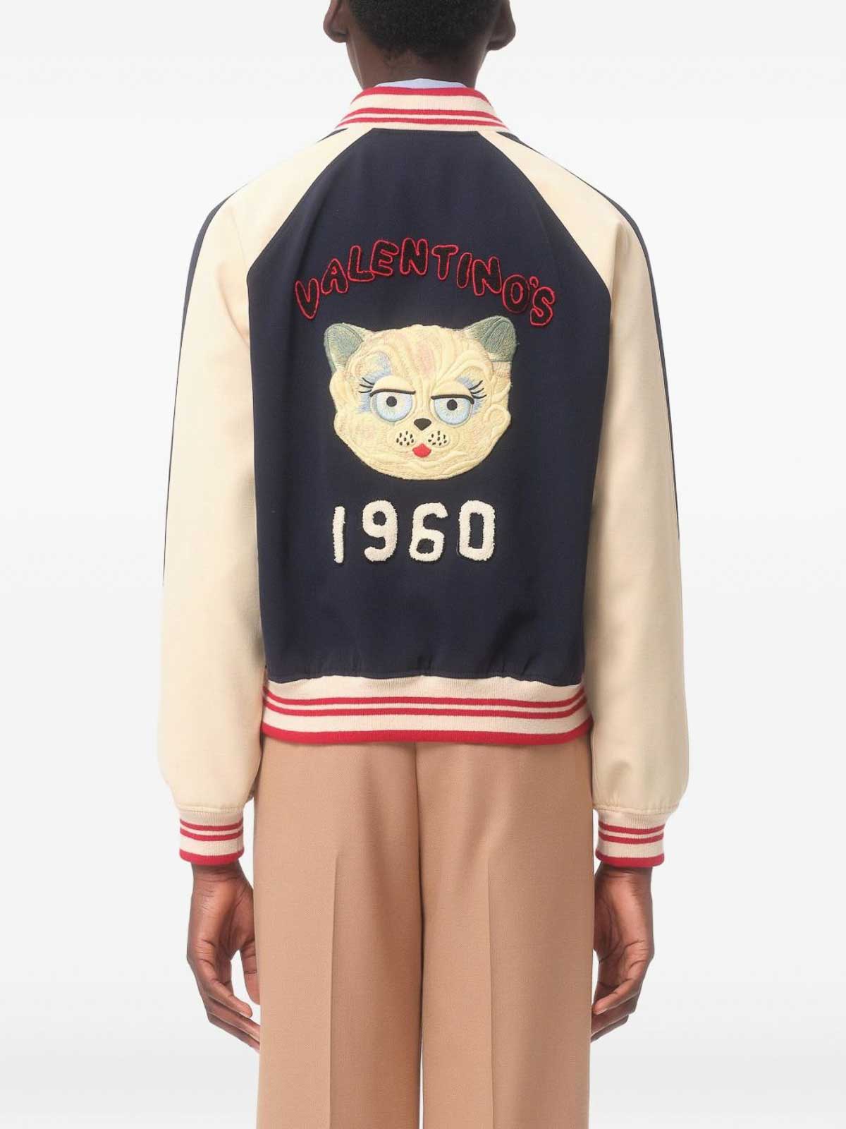 Valentino Wool And Cotton Bomber Jacket With Vlogo And Chat De La Maison Patch In Blue