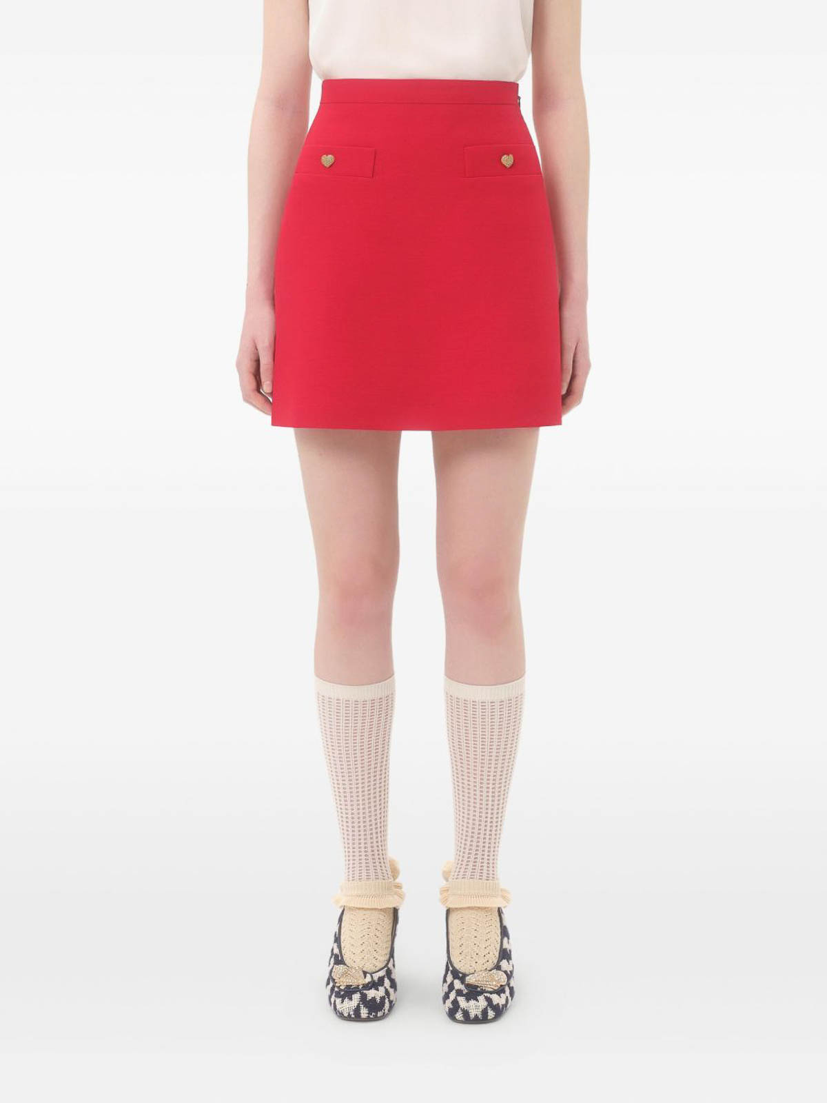 Valentino Crepe Couture Skirt With Heart Jewel Buttons In Red