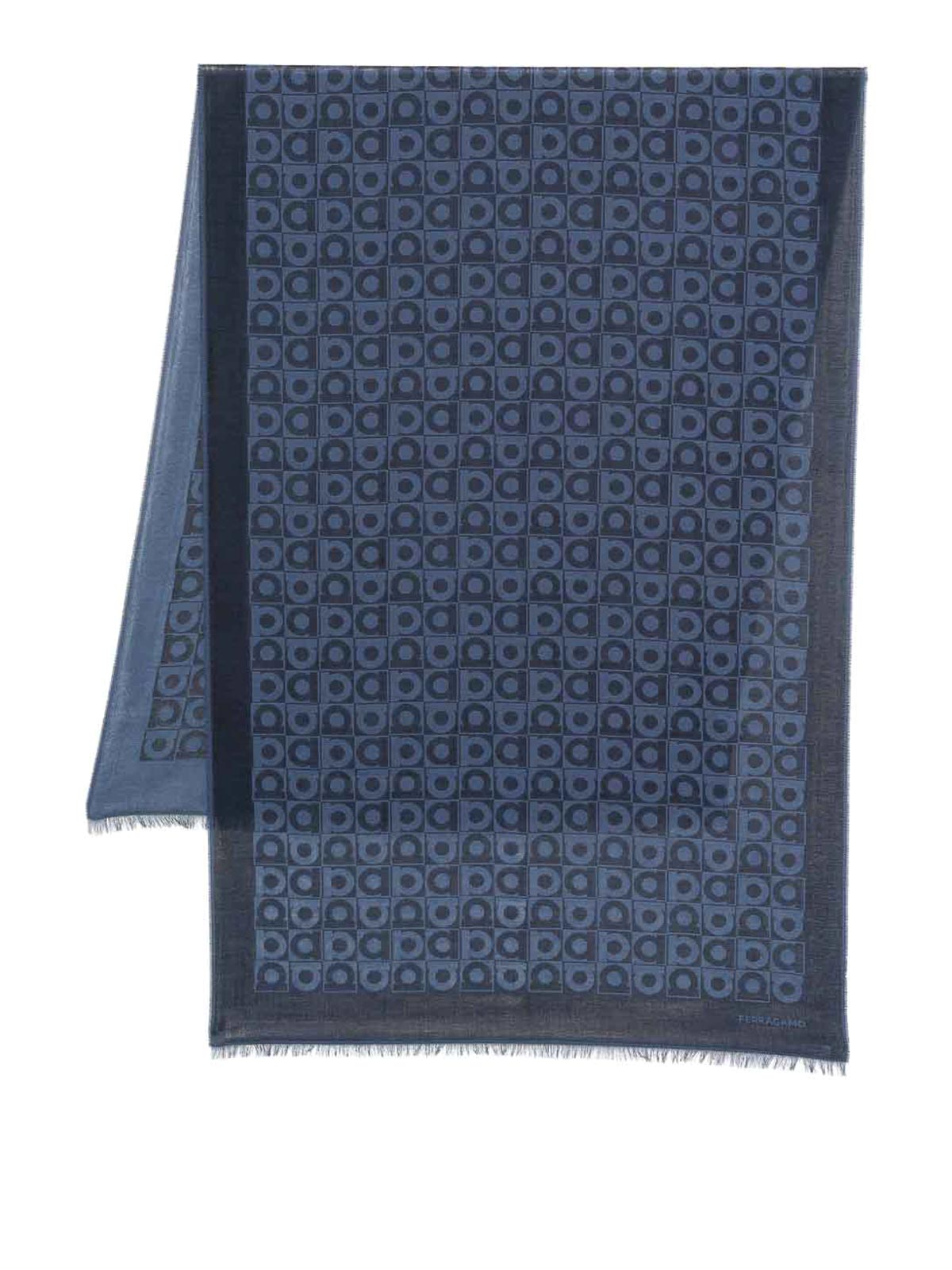 Ferragamo Wool Scarf With Fringed Edges And Geometric Pattern In Blue