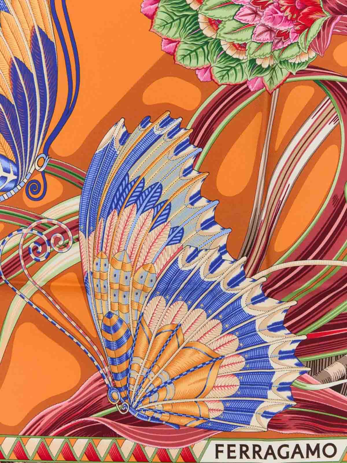 Ferragamo Silk Foulard With Floral Butterfly Print In Orange
