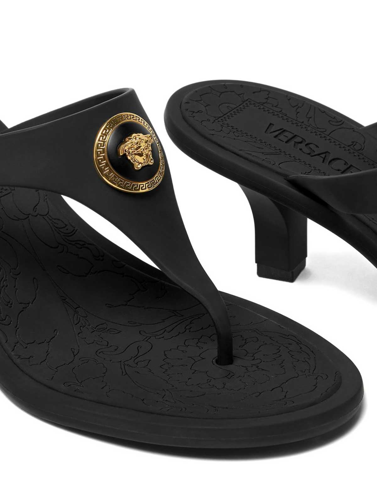 Versace Gianni Ribbon Thong Mules In Black