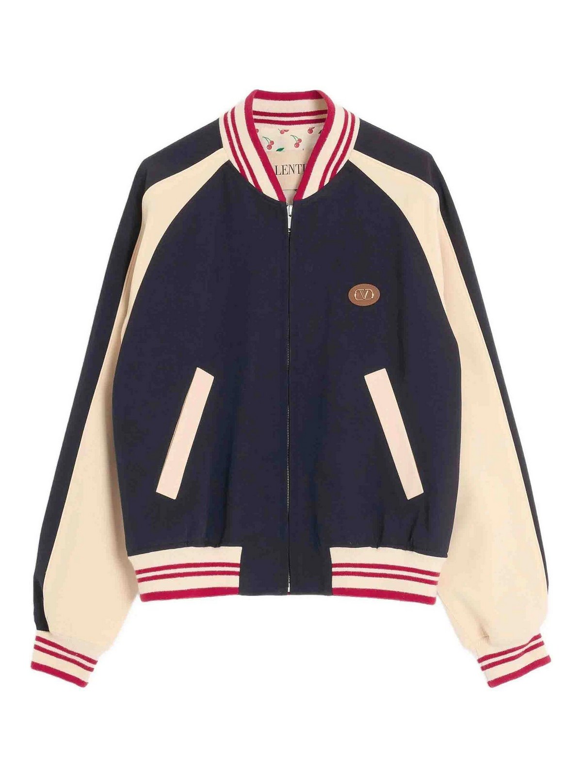 Valentino Wool And Cotton Bomber Jacket With Vlogo And Chat De La Maison Patch In Blue