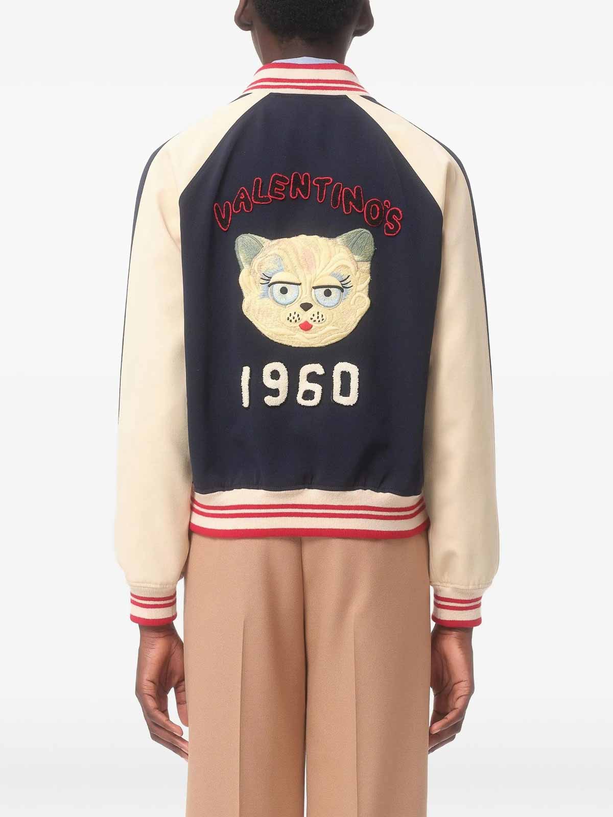 Valentino Wool And Cotton Bomber Jacket With Vlogo And Chat De La Maison Patch In Blue